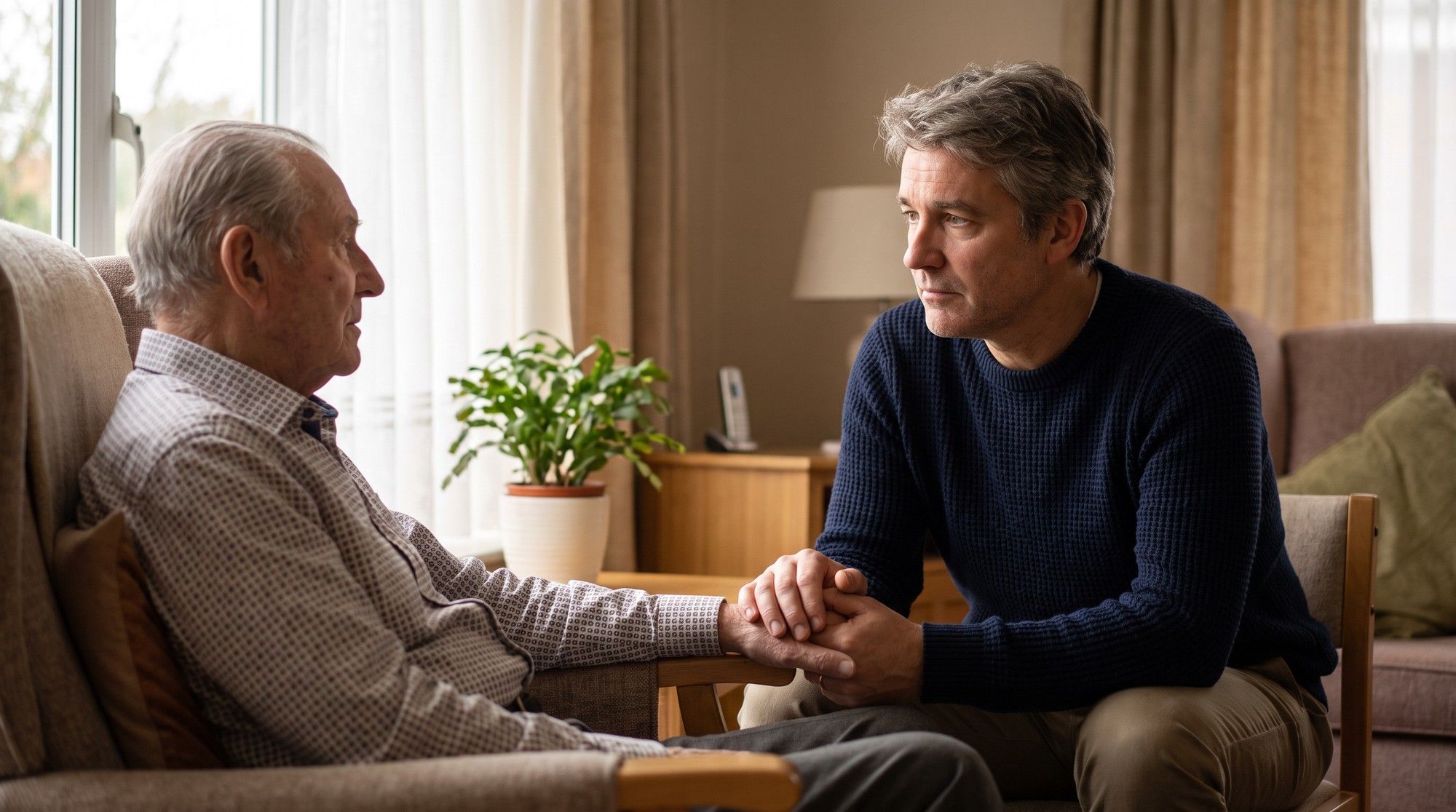 Adult son noticing changes in his elderly father during a nursing home visit. Illustration for Signs of Nursing Home Neglect.