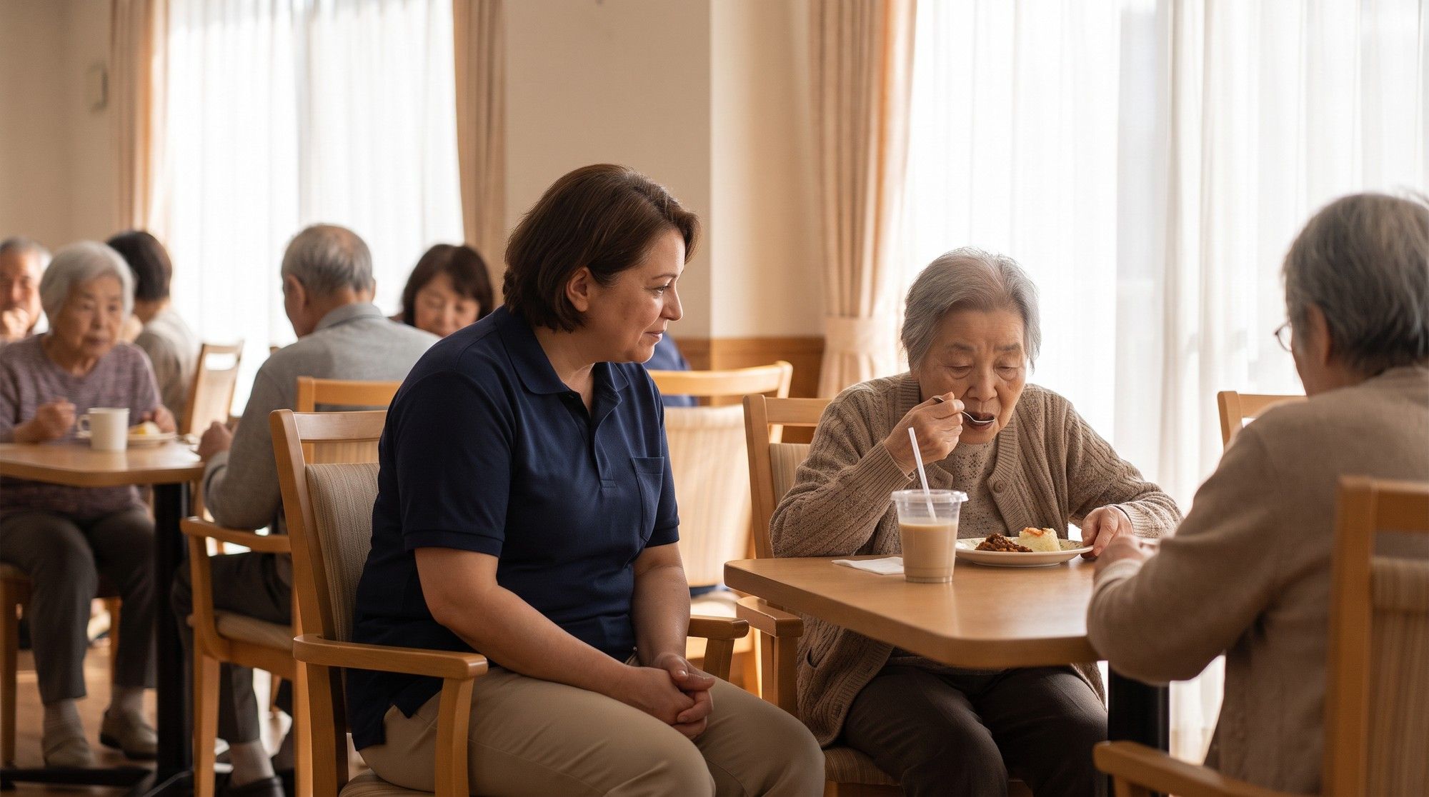 Nursing home aide providing patient one-on-one mealtime supervision to an elderly resident. Illustration for California Nursing Home Choking and Aspiration Lawyers.