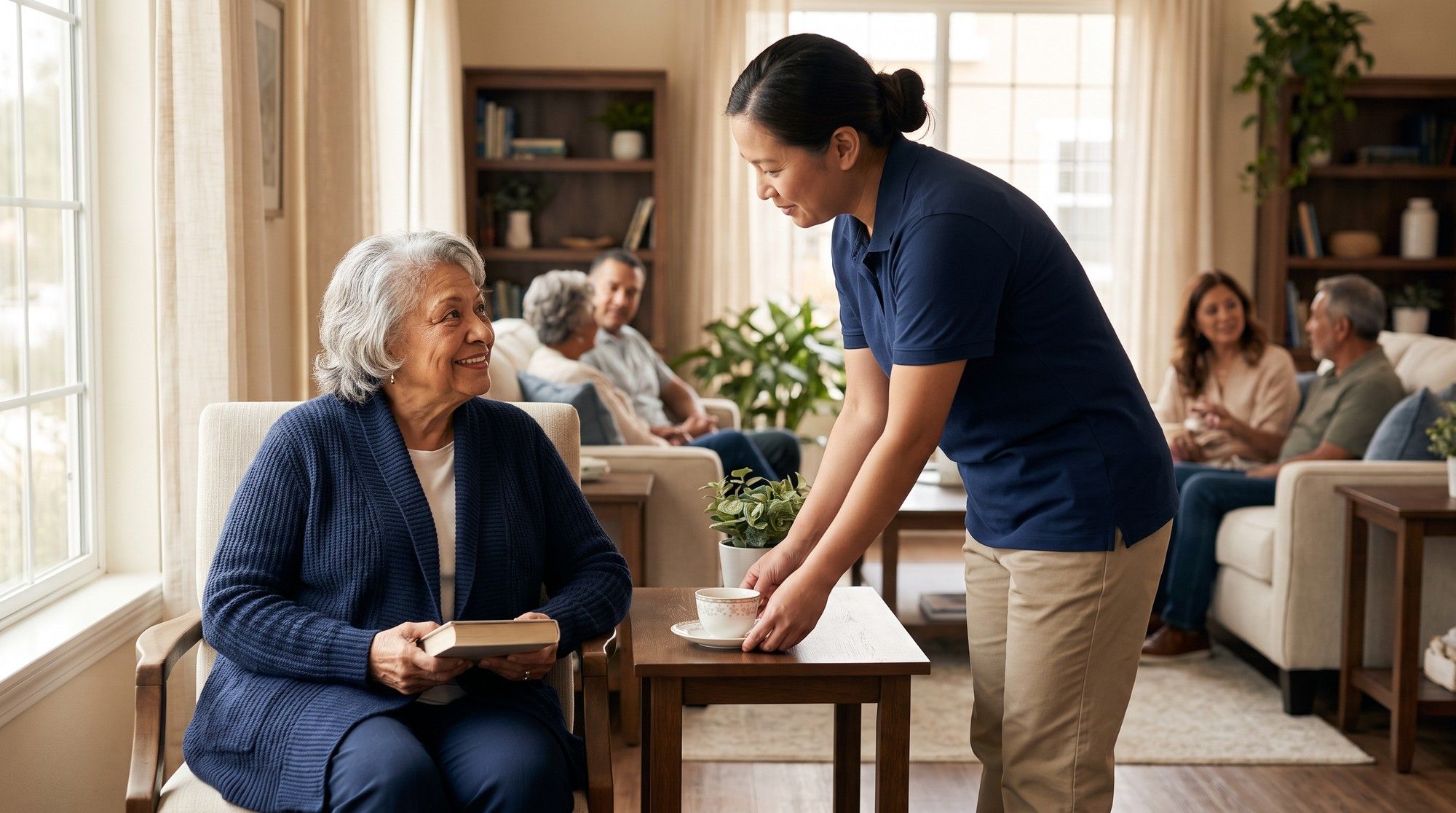 Elderly resident in an assisted living lounge as a staff member brings tea. Illustration for California Assisted Living Abuse Lawyers.