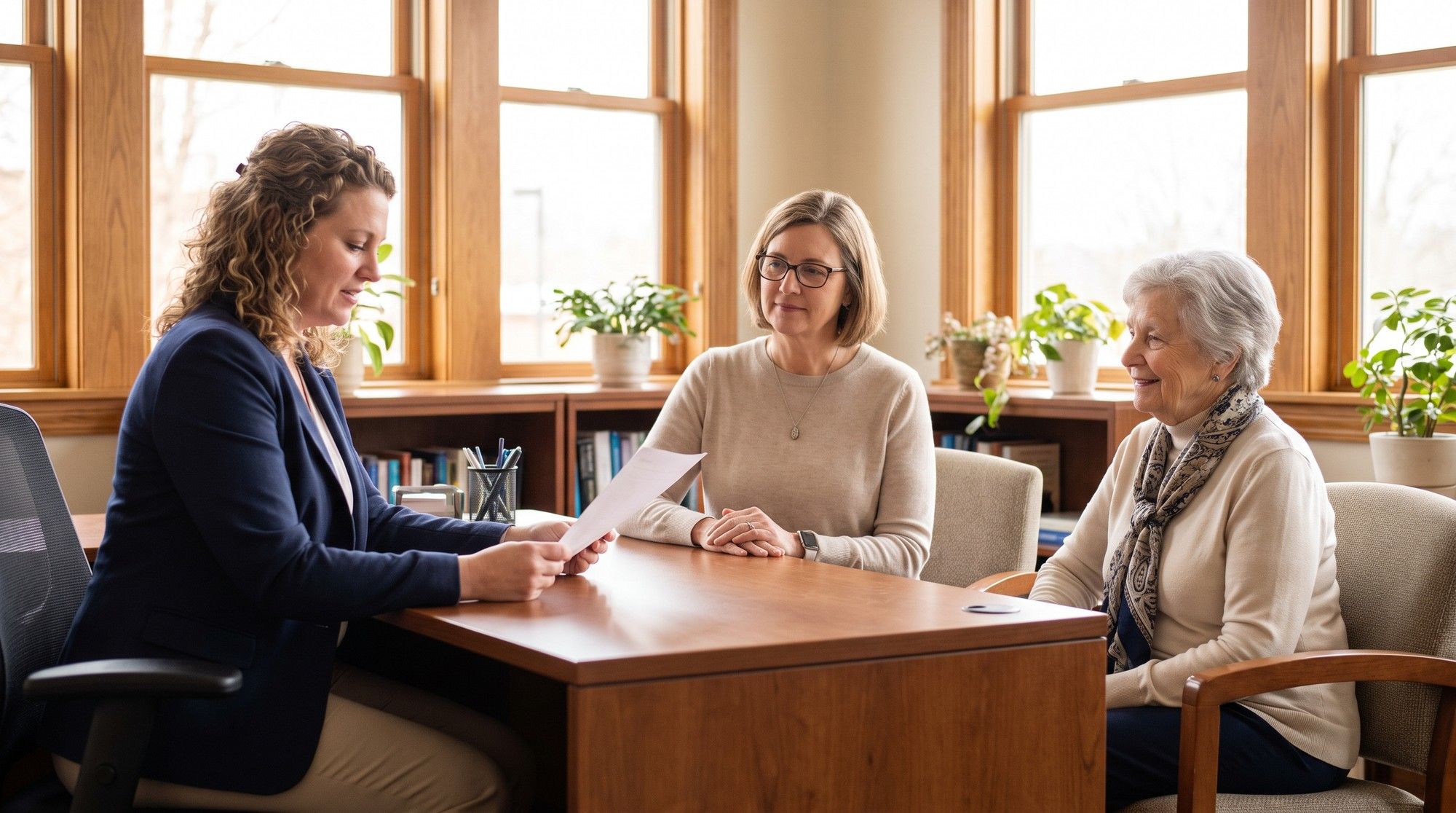 Family reading an assisted living admission agreement with the administrator. Illustration for California Assisted Living Abuse Lawyers.