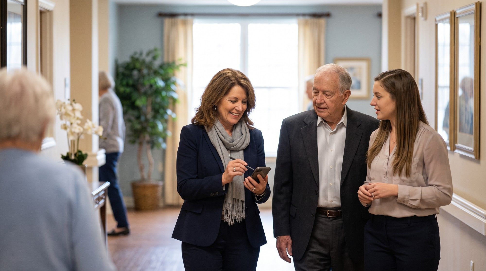 Daughter touring an assisted living facility and asking the administrator questions. Illustration for California Assisted Living Abuse Lawyers.