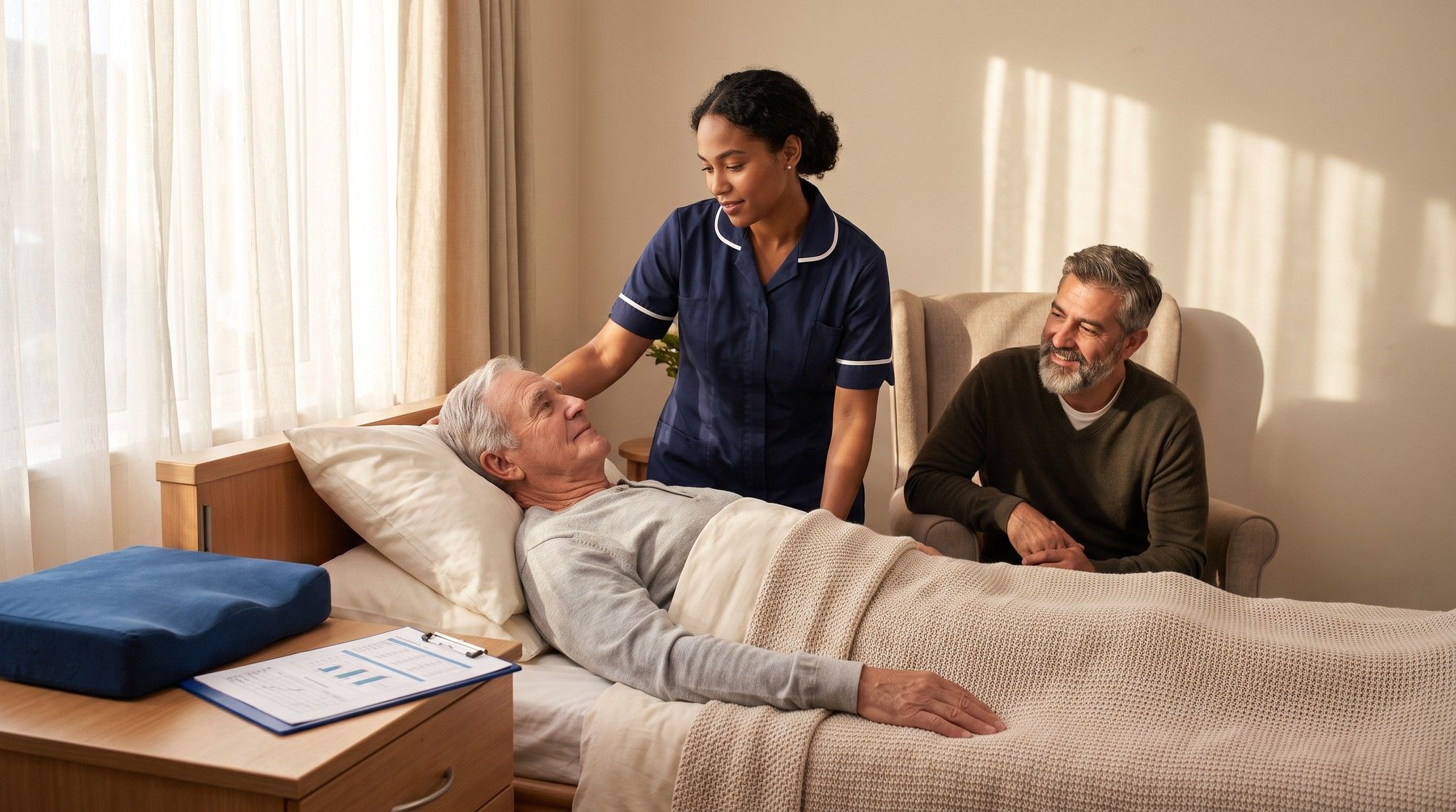 Nurse repositioning an elderly nursing home resident to prevent bedsores while his son looks on. Illustration for California Bedsore Lawyers.