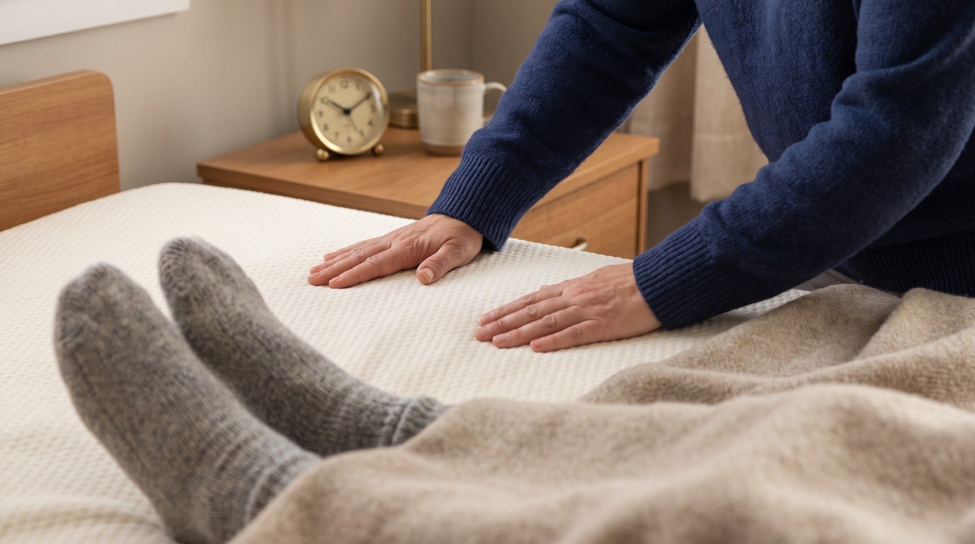 Caregiver adjusting a pressure-relief mattress beside a printed repositioning schedule in a nursing home. Illustration for California Bedsore Lawyers.