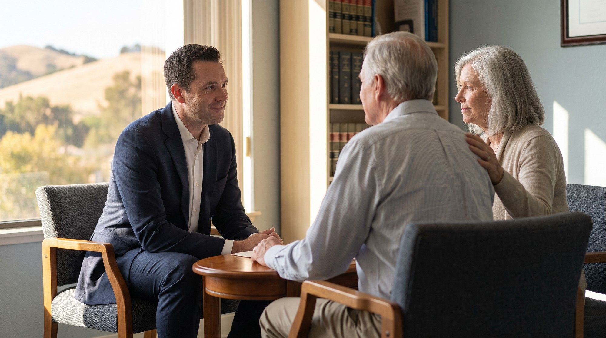 Attorney meeting a California family about a nursing home abuse claim. Illustration for Riverside County Nursing Homes.