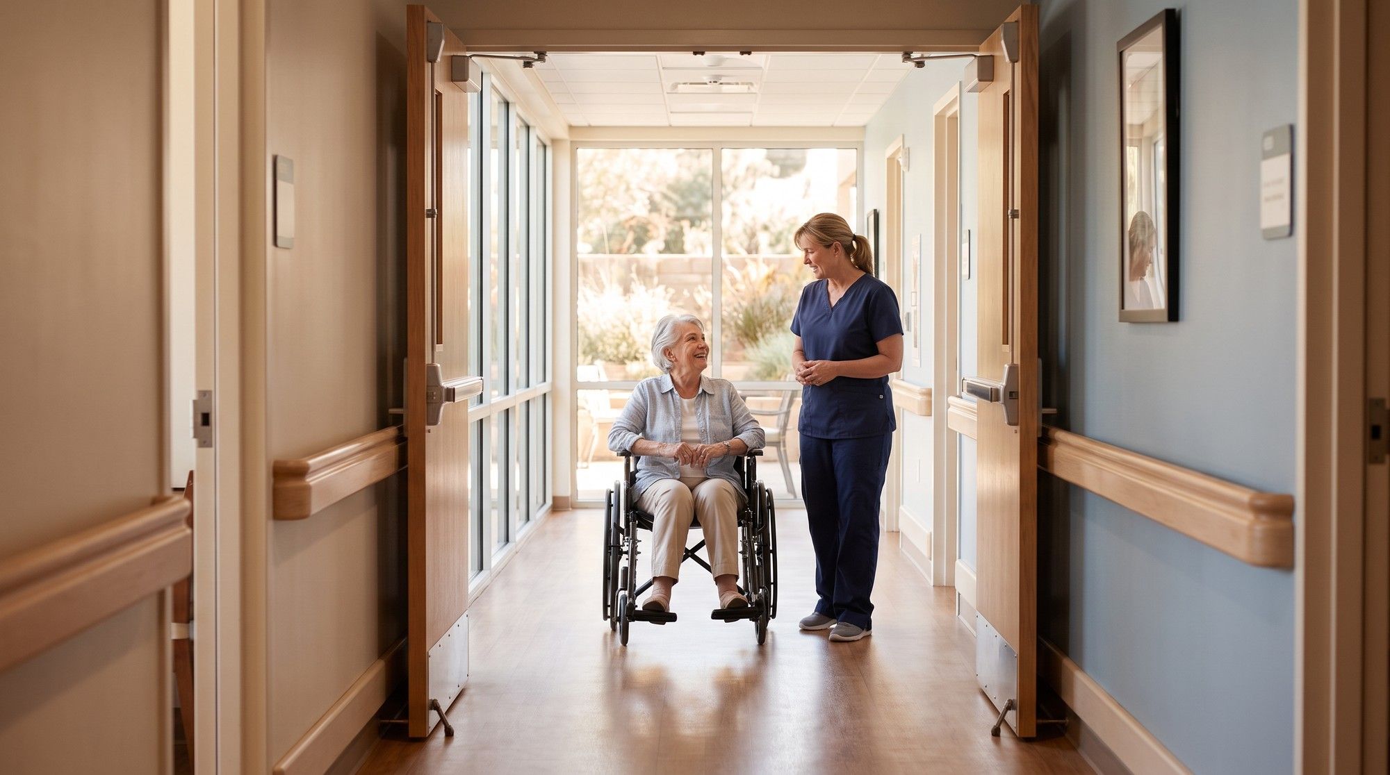 Bright California nursing home hallway with handrails and a resident talking with an aide. Illustration for California Nursing Home Directory.