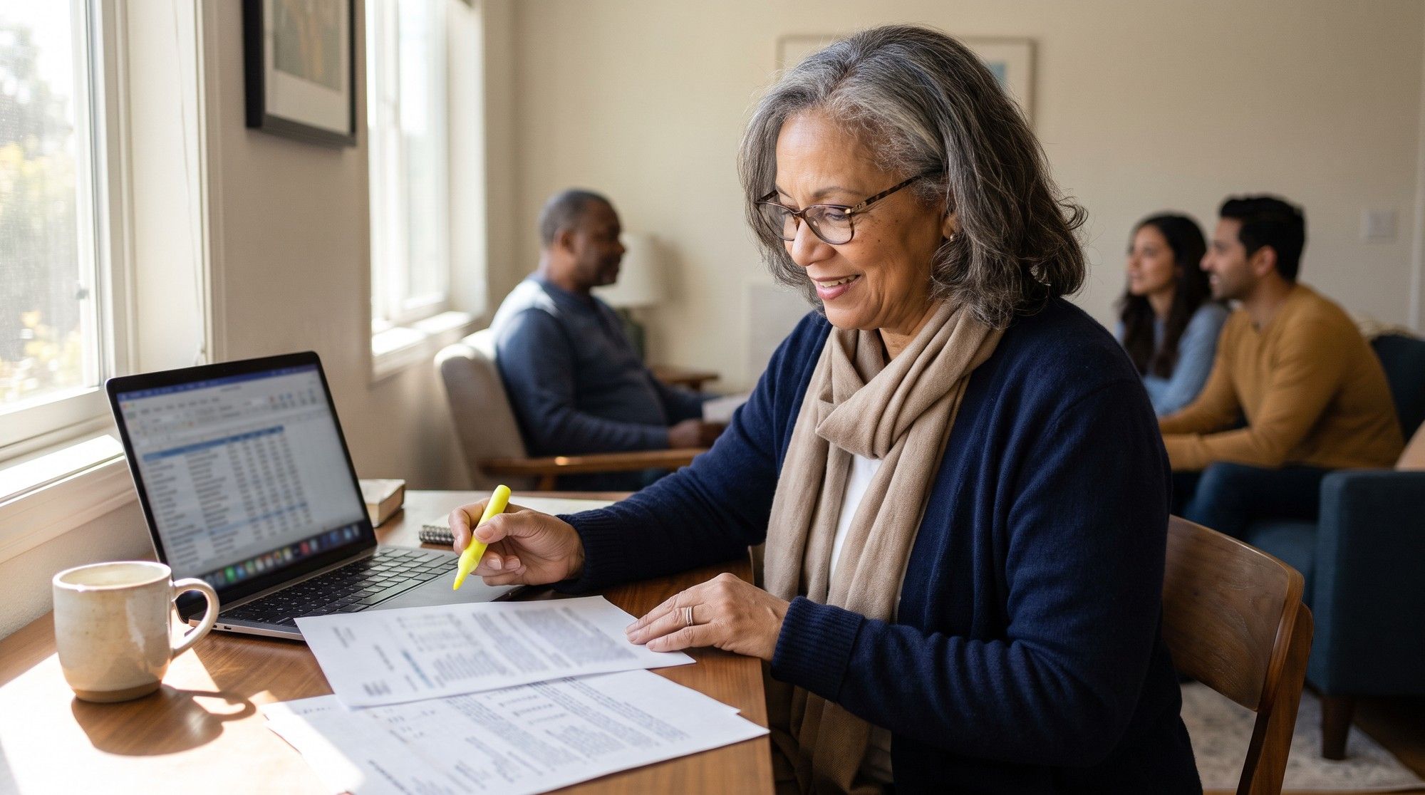 Family member comparing California nursing home inspection records at home. Illustration for Riverside County Nursing Homes.