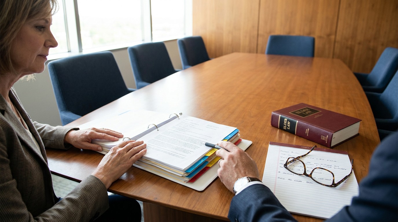 Family member and attorney reviewing a tabbed binder of nursing home medical records beside an elder law book at a conference table. Illustration for California Nursing Home Neglect Laws: The Statutes That Protect Residents.