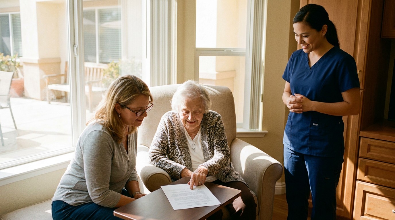 Adult daughter and her elderly mother reviewing a California nursing home residents' rights document with a nurse in a sunlit room. Illustration for California Nursing Home Residents' Rights: What the Law Guarantees Your Loved One.