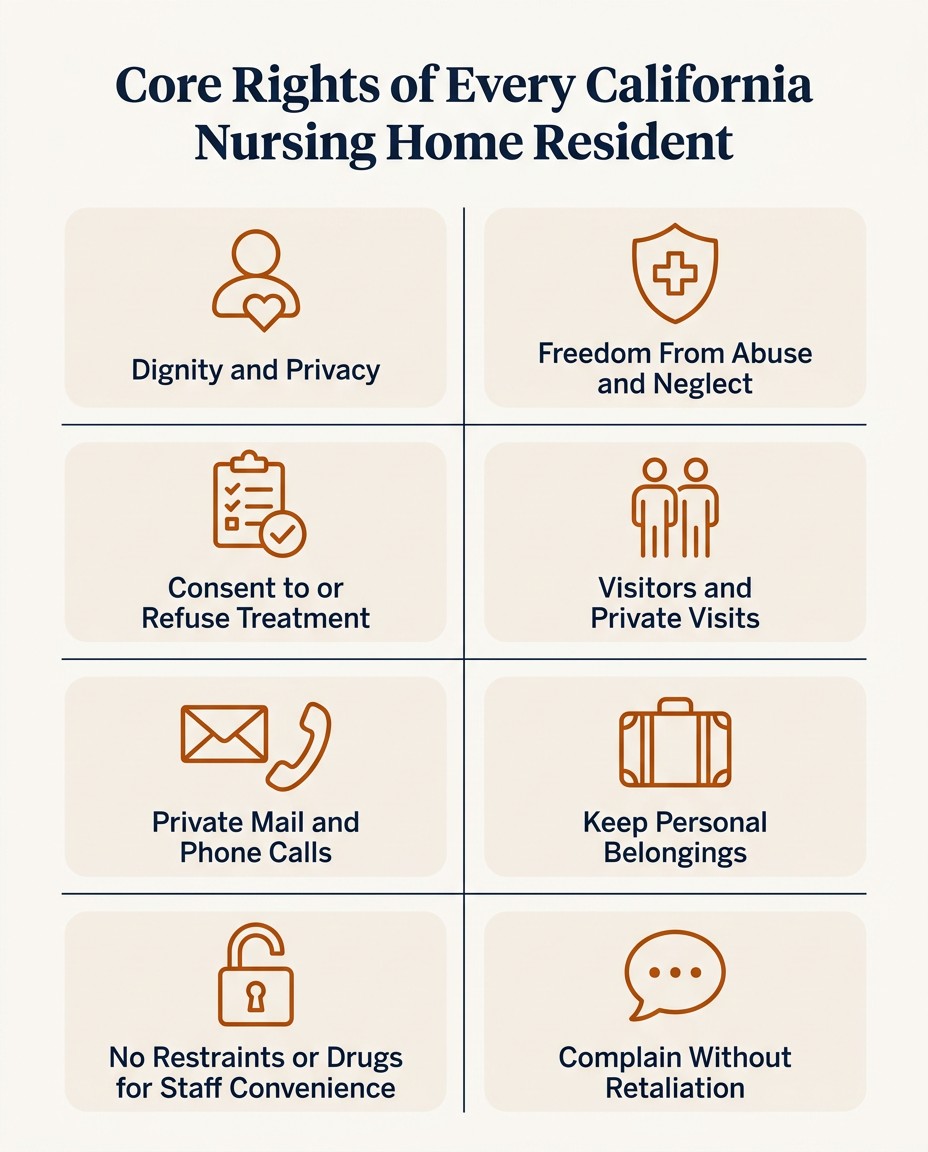 Infographic of eight core rights of every California nursing home resident, including dignity, freedom from abuse, visitors, and complaining without retaliation. Illustration for California Nursing Home Residents' Rights: What the Law Guarantees Your Loved One.
