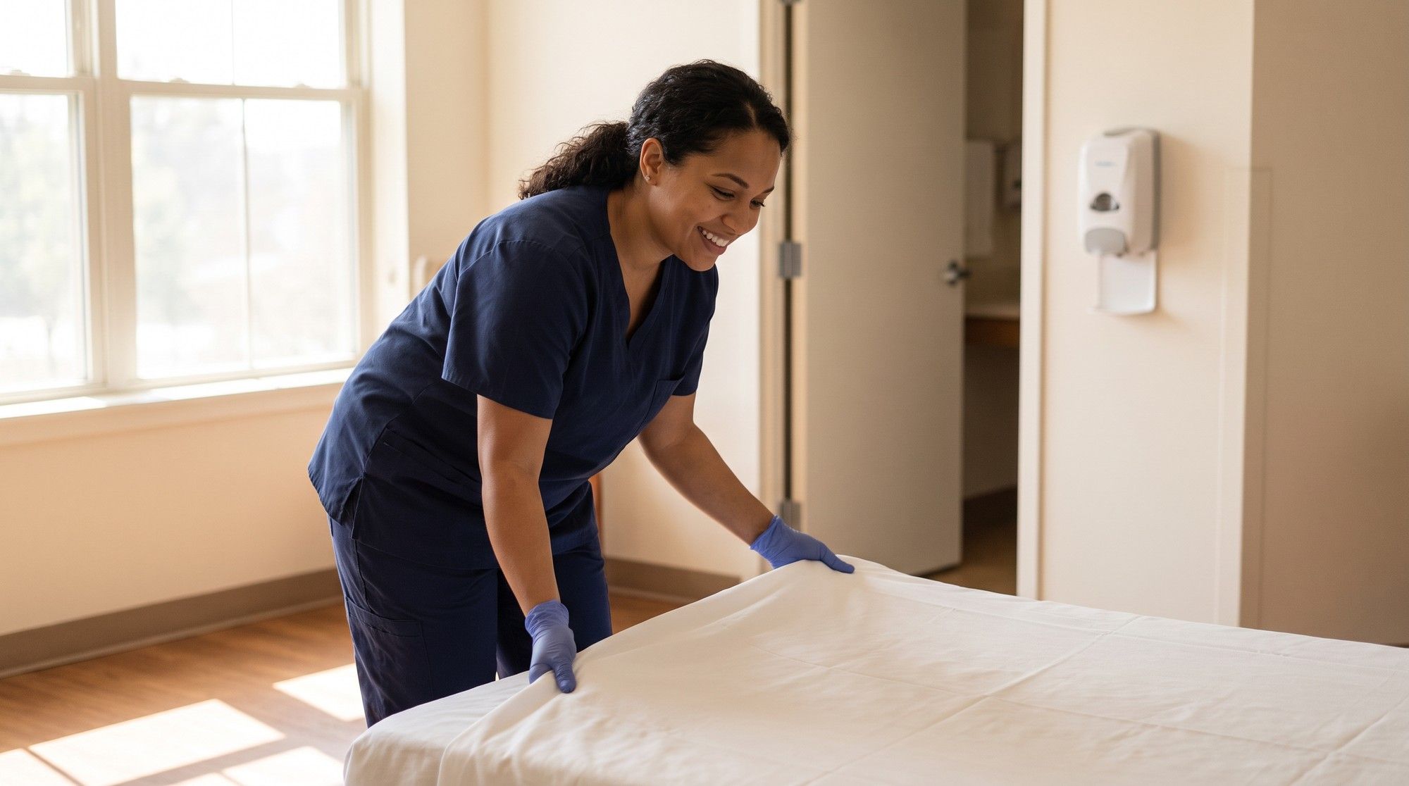 Aide preparing a clean nursing home room, the infection control that prevents sepsis. Illustration for California Nursing Home Sepsis Lawyers.