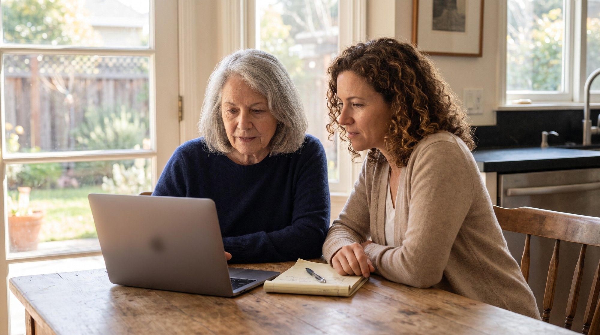 Mother and daughter researching nursing home ratings on a laptop. Illustration for How to Read CMS Nursing Home Star Ratings.
