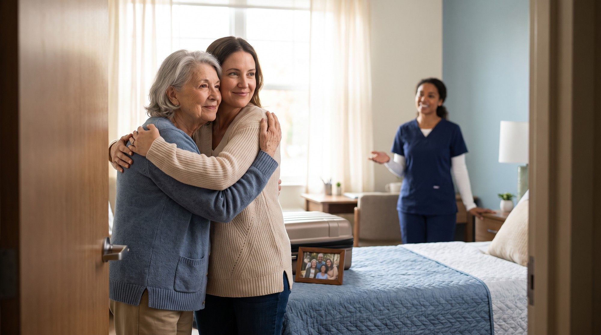 Elderly woman settling into a safe new nursing home with her daughter's help. Illustration for California Nursing Home Physical Abuse Lawyers.
