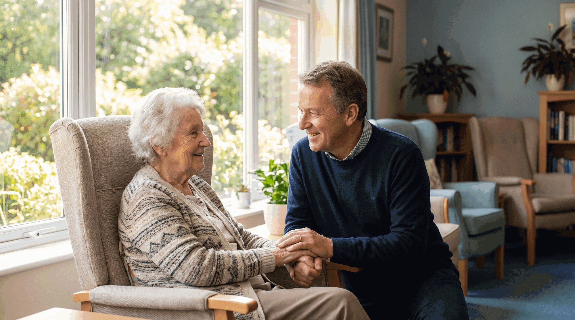 Elderly nursing home resident sitting up comfortably by a garden window with her son after proper pressure-injury care. Illustration for California Bedsore Lawyers.