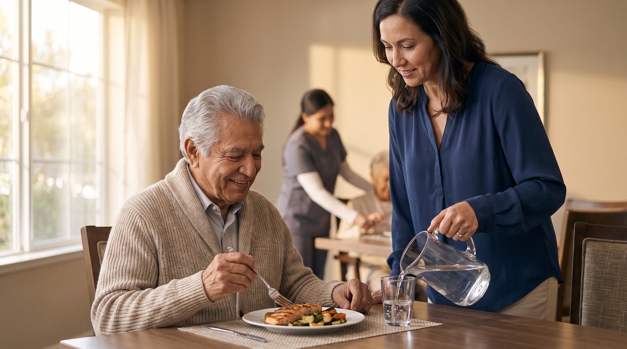 Elderly nursing home resident sharing a well-supported meal with his granddaughter. Illustration for California Nursing Home Dehydration and Malnutrition Lawyers.