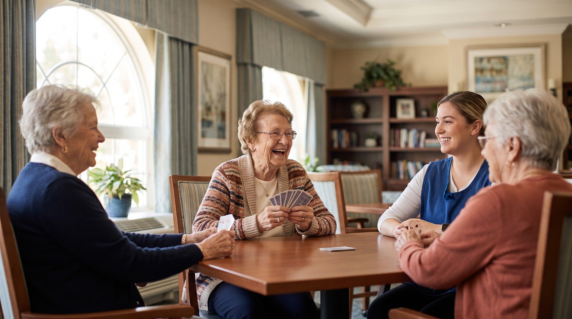Elderly nursing home resident enjoying a card game with friends, the dignity emotional abuse takes away. Illustration for California Nursing Home Emotional Abuse Lawyers.