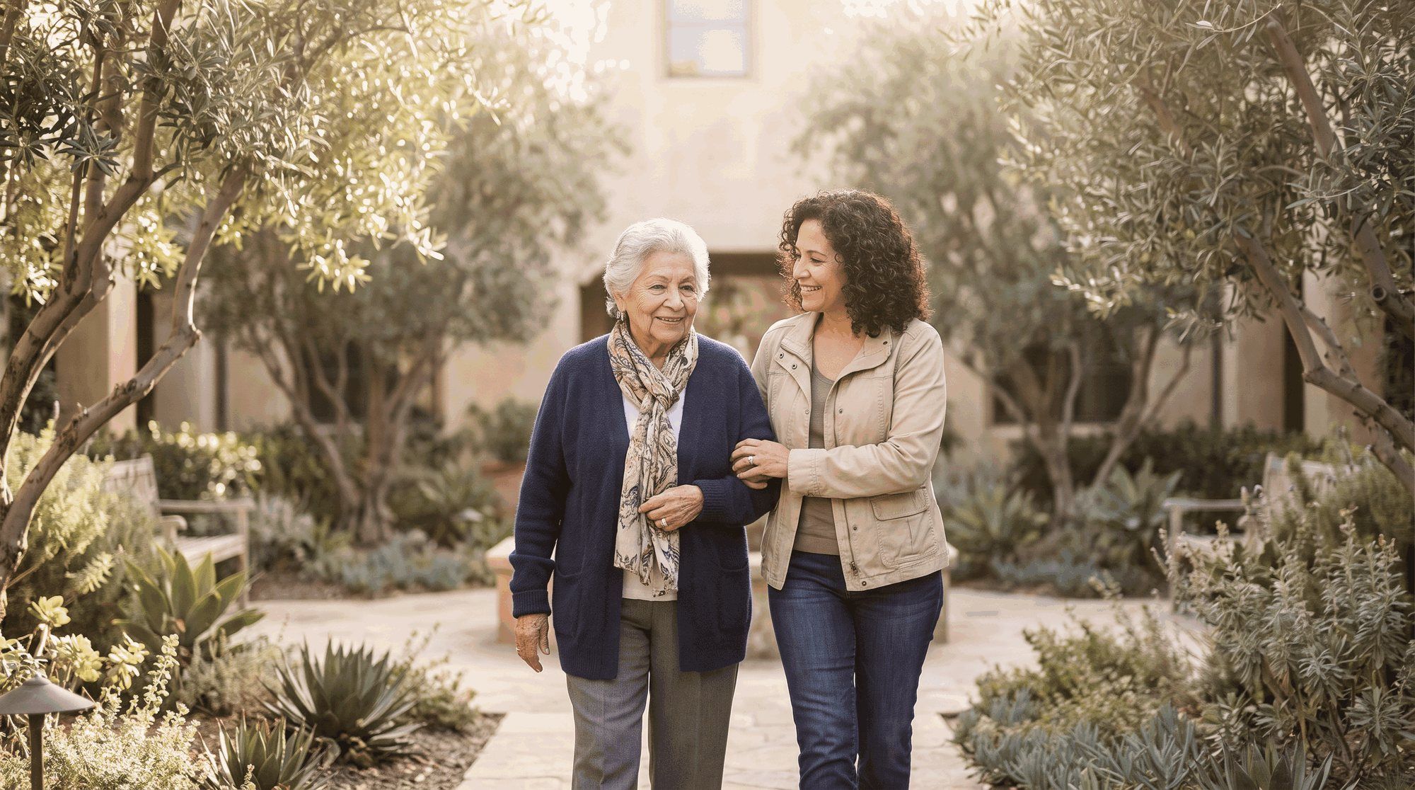 Elderly woman walking with her daughter in a peaceful nursing home courtyard. Illustration for California Nursing Home Sexual Abuse Lawyers.