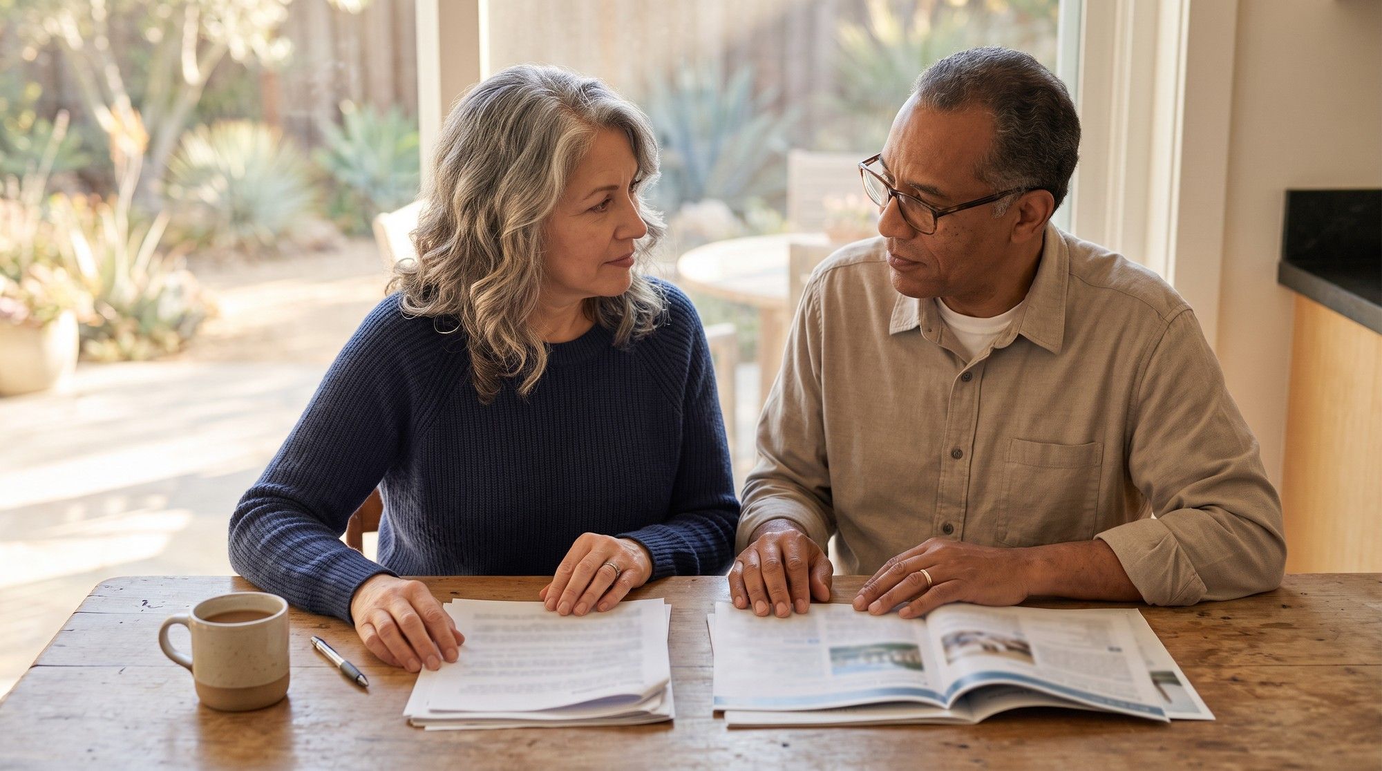 Family comparing printed nursing home inspection reports before choosing a facility. Illustration for How to Read CMS Nursing Home Star Ratings.