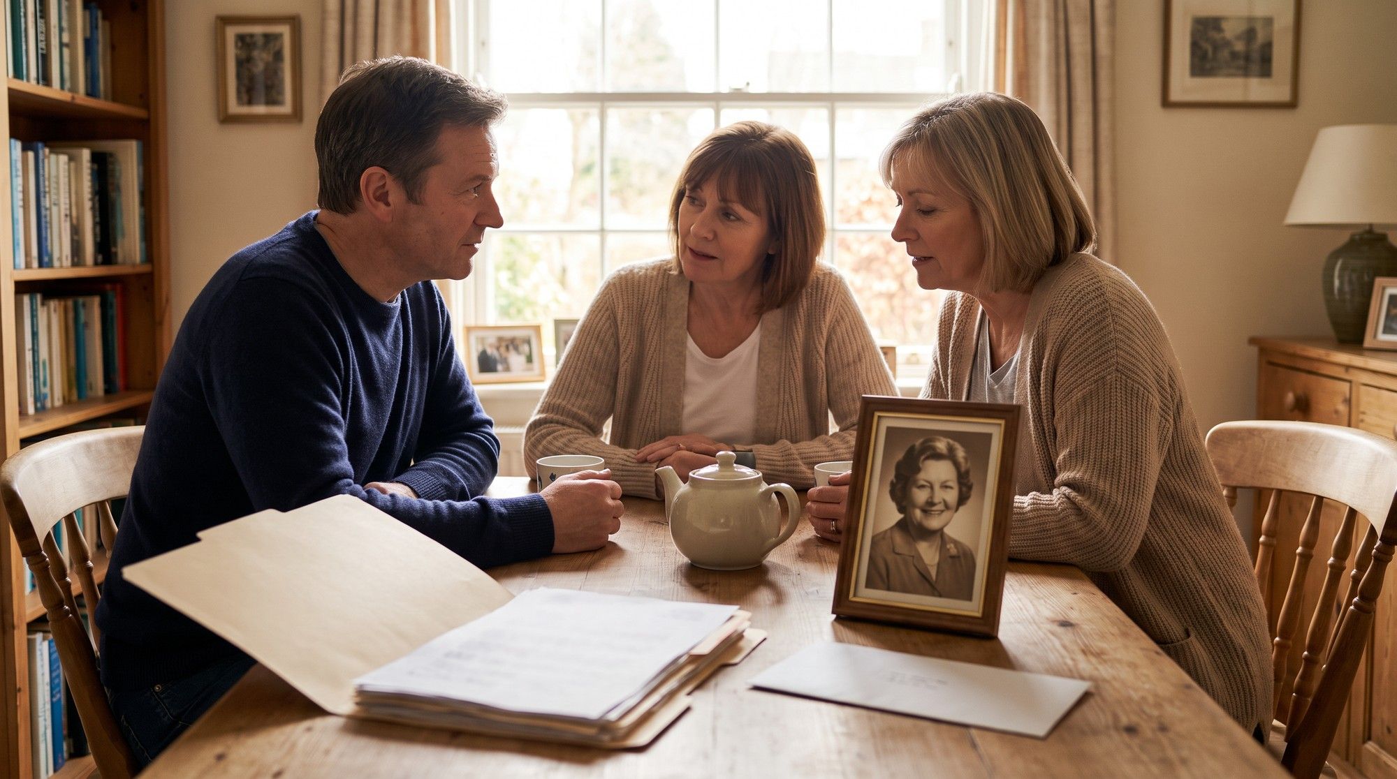 Adult children gathered at home reviewing records after a nursing home wrongful death. Illustration for California Nursing Home Wrongful Death Lawyers.