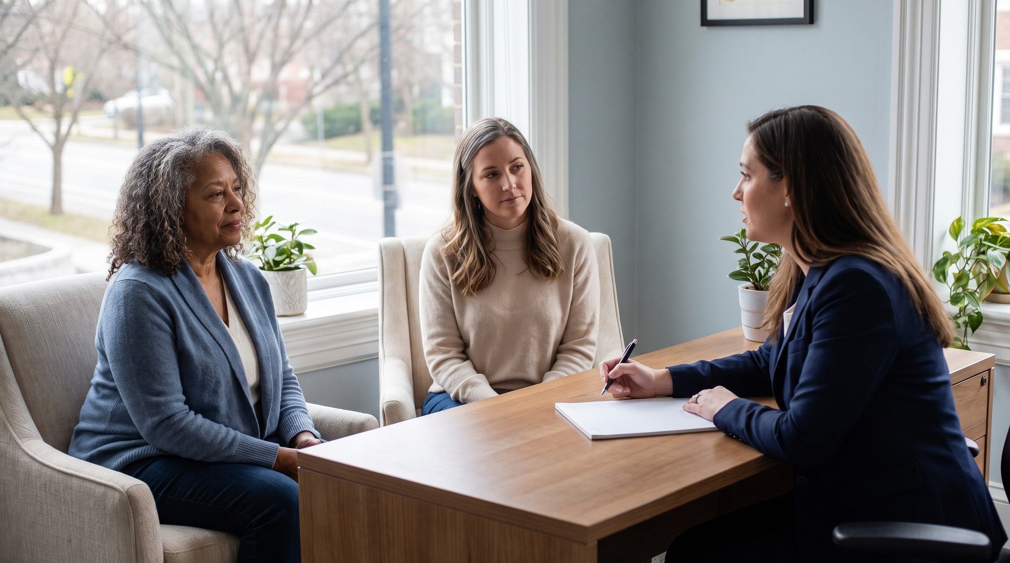 Family meeting privately with an attorney about a nursing home abuse claim. Illustration for California Nursing Home Sexual Abuse Lawyers.