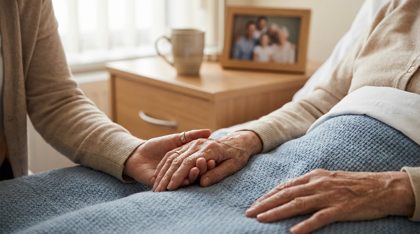Adult daughter holding her elderly mother's hand on a blanket beside a nursing home bed. Illustration for California Nursing Home Neglect Laws: The Statutes That Protect Residents.