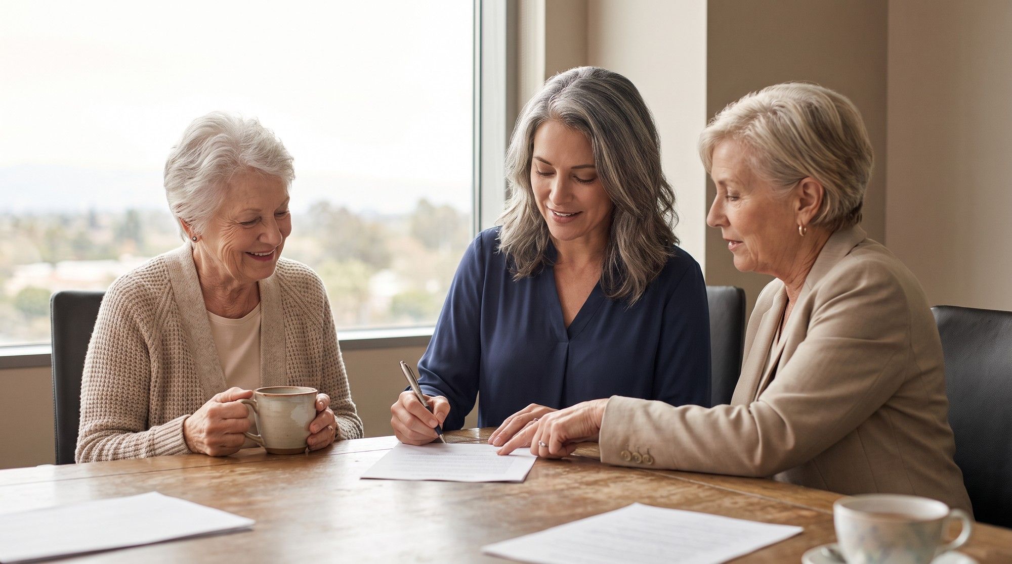 Family signing settlement documents with their attorney. Illustration for Nursing Home Abuse Settlement Value in California.