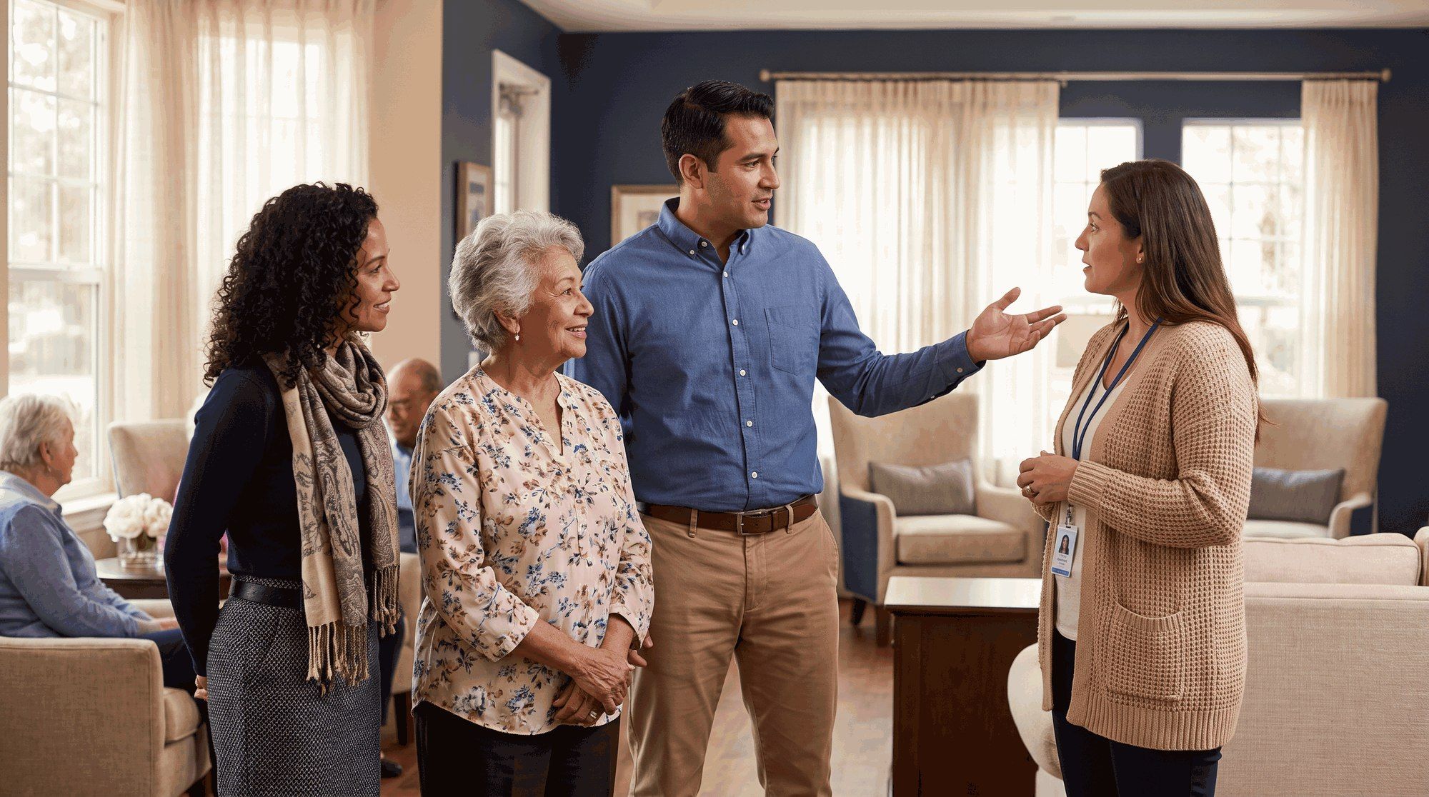 Family touring a California nursing home and asking staff questions. Illustration on the page for Riverwalk Post Acute in Riverside, California.