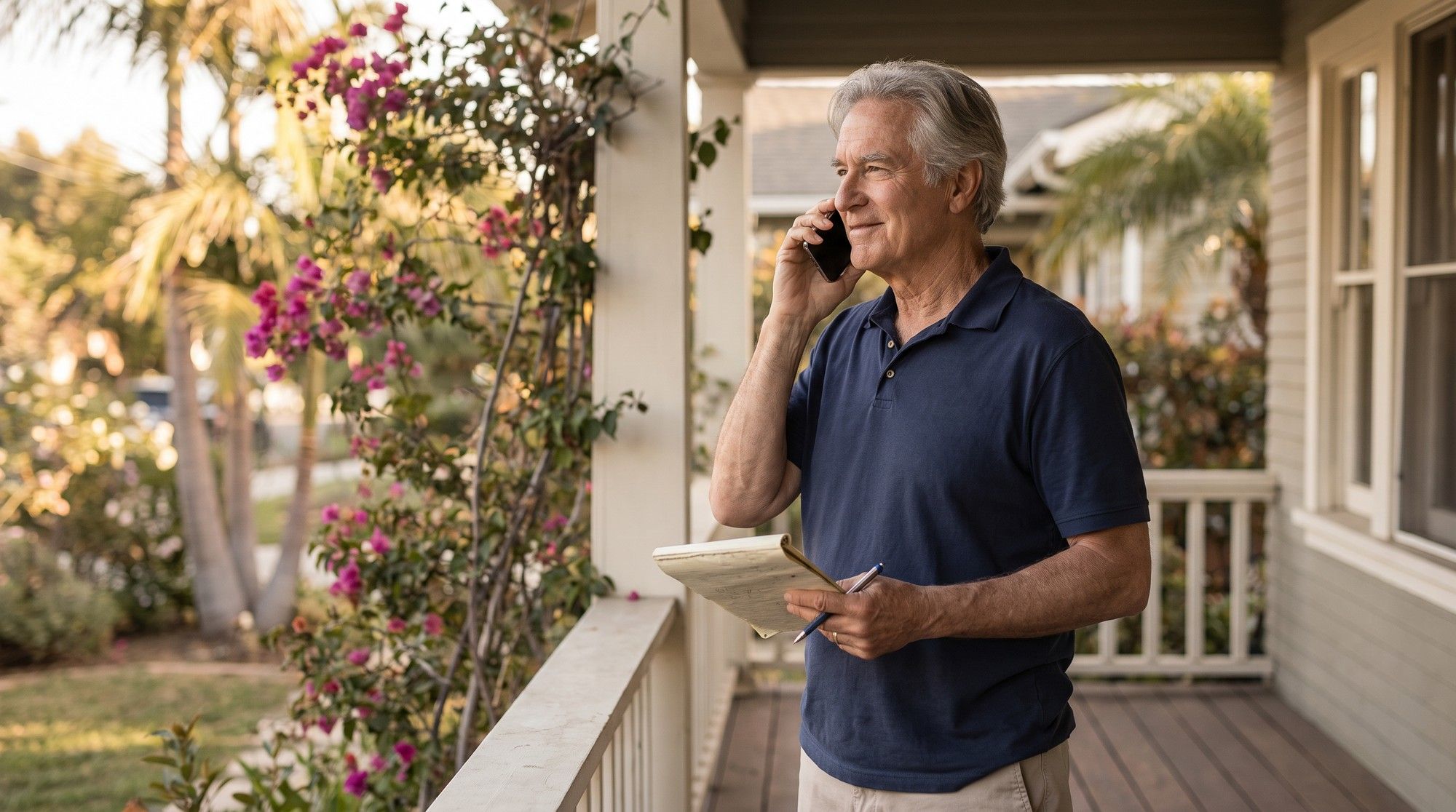 Man calling a nursing home abuse lawyer for a free consultation from his porch. Illustration for California Nursing Home Abuse Lawyers: The 13 Kinds of Cases We Handle.