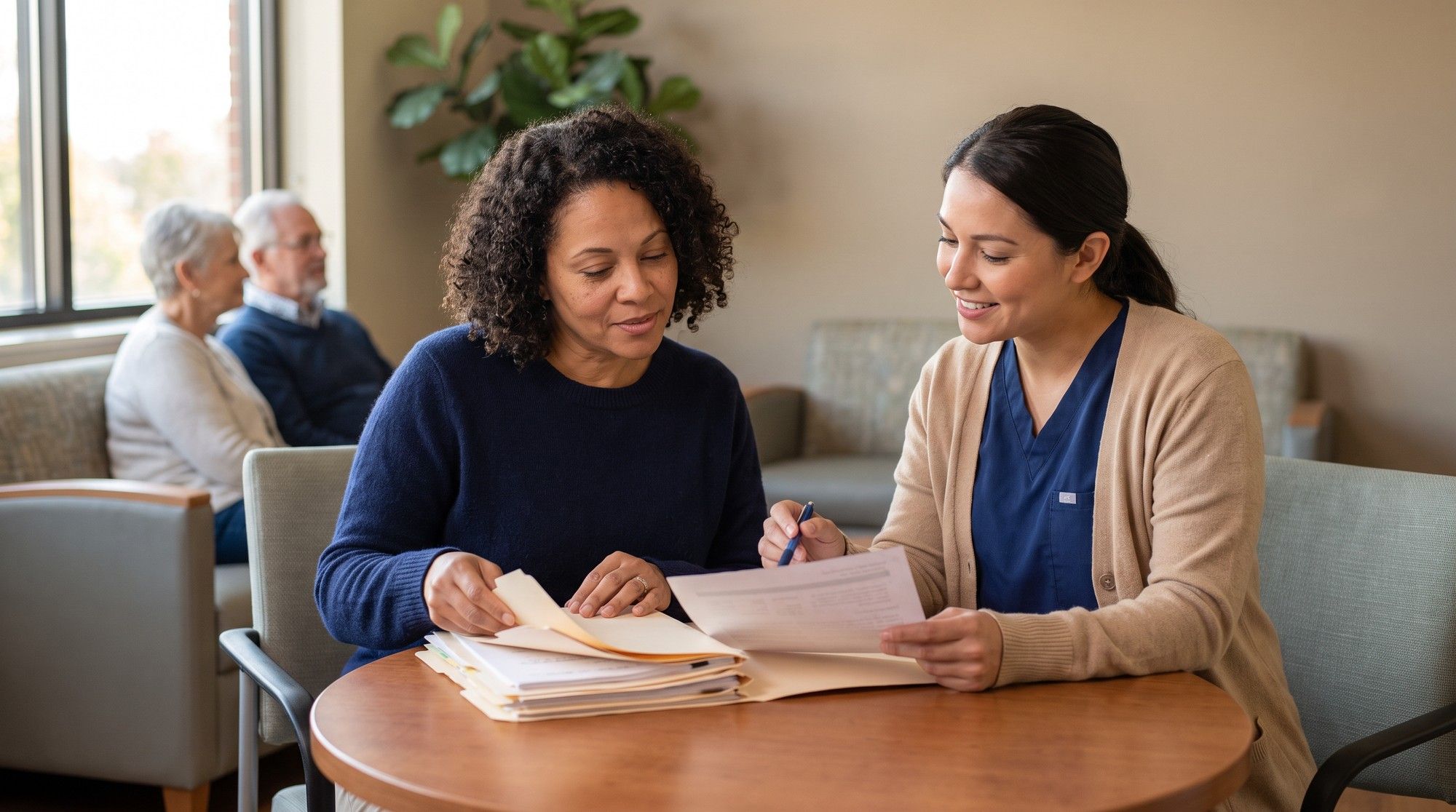 Family member reviewing hospital and nursing home transfer records after an infection. Illustration for California Nursing Home Sepsis Lawyers.