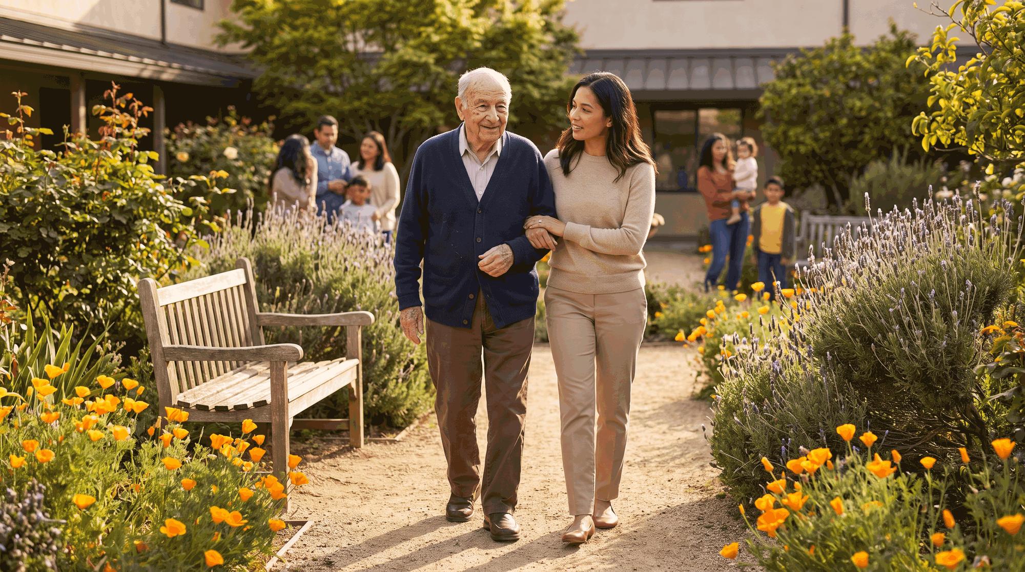 Memory care resident walking safely with an aide in a secured garden. Illustration for California Nursing Home Elopement Lawyers.