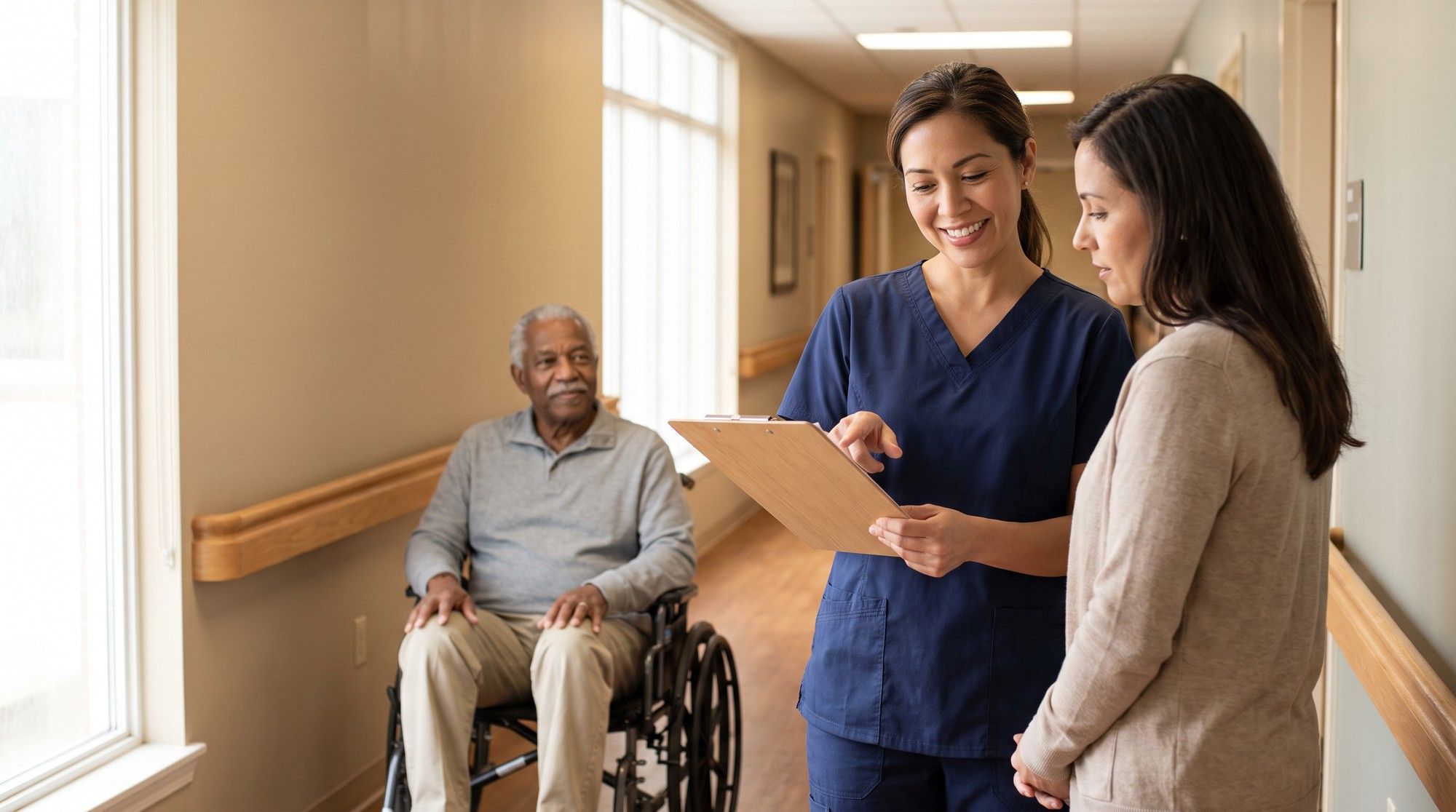 Nurse explaining medical chart terms to a family member in a nursing home hallway. Illustration for Nursing Home Abuse Glossary.