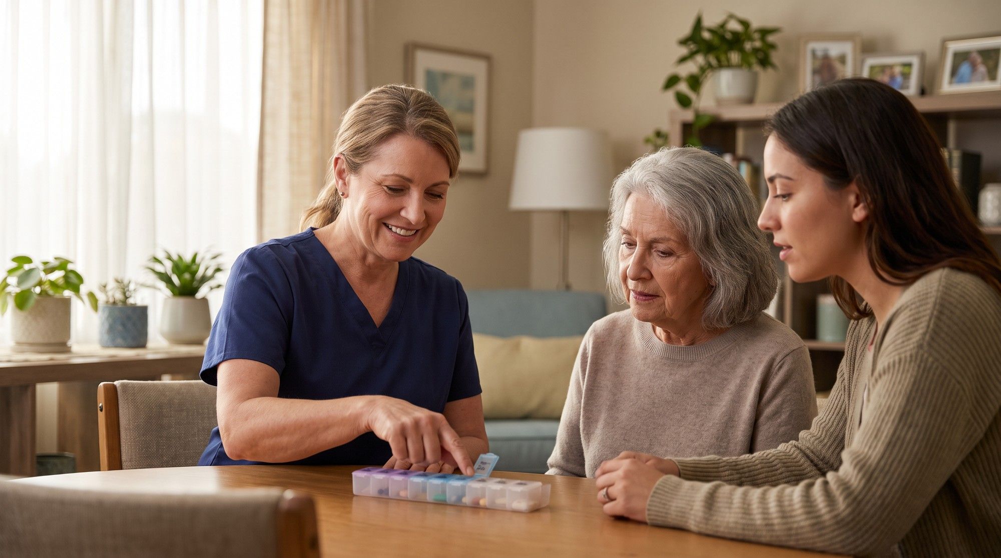 Nurse explaining a medication schedule to an elderly nursing home resident and her daughter. Illustration for California Nursing Home Medication Error Lawyers.