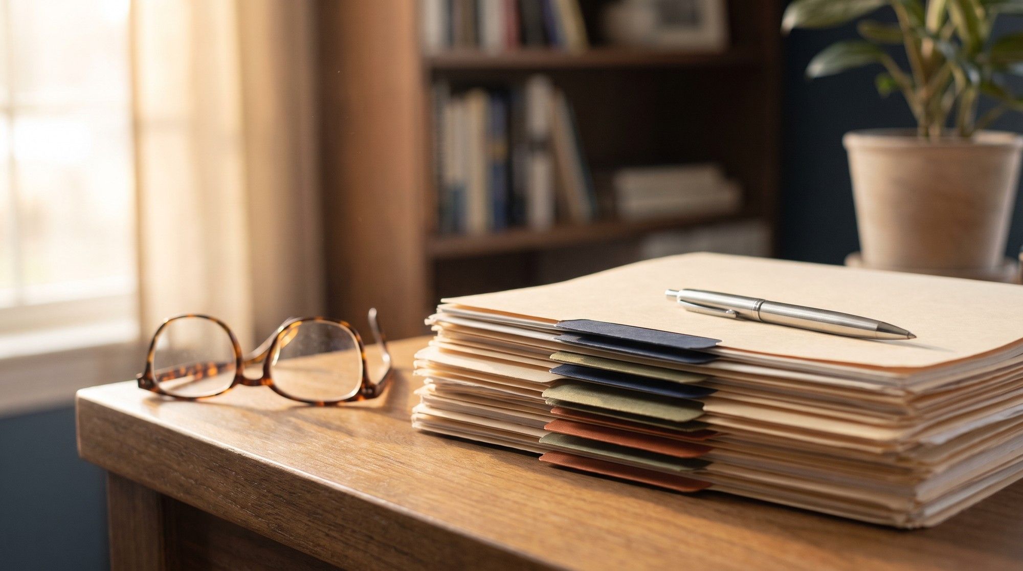 Stack of tabbed medical records folders with reading glasses on top. Illustration for Nursing Home Abuse Glossary.