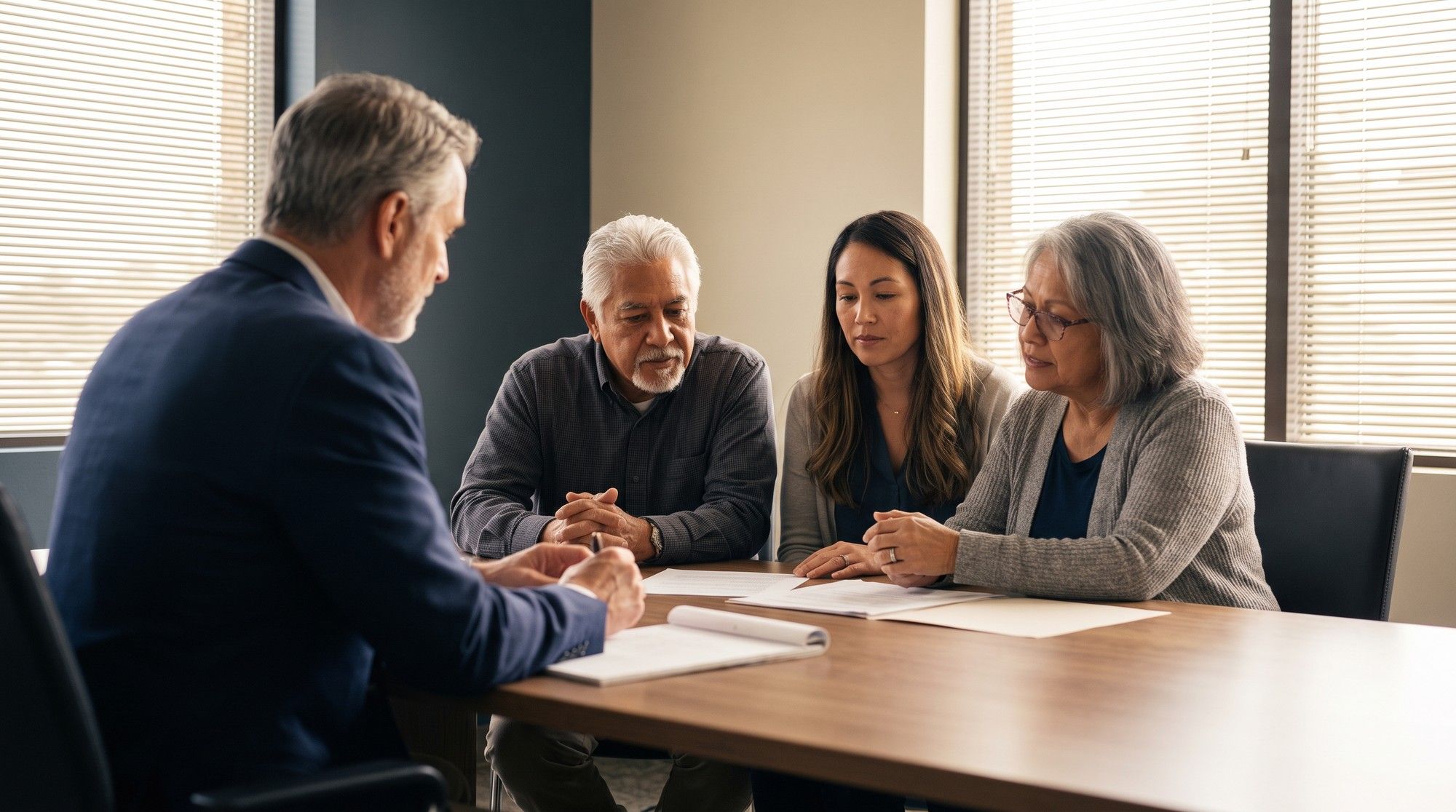 Family meeting an attorney about a nursing home abuse claim in a law office. Illustration for California Nursing Home Physical Abuse Lawyers.