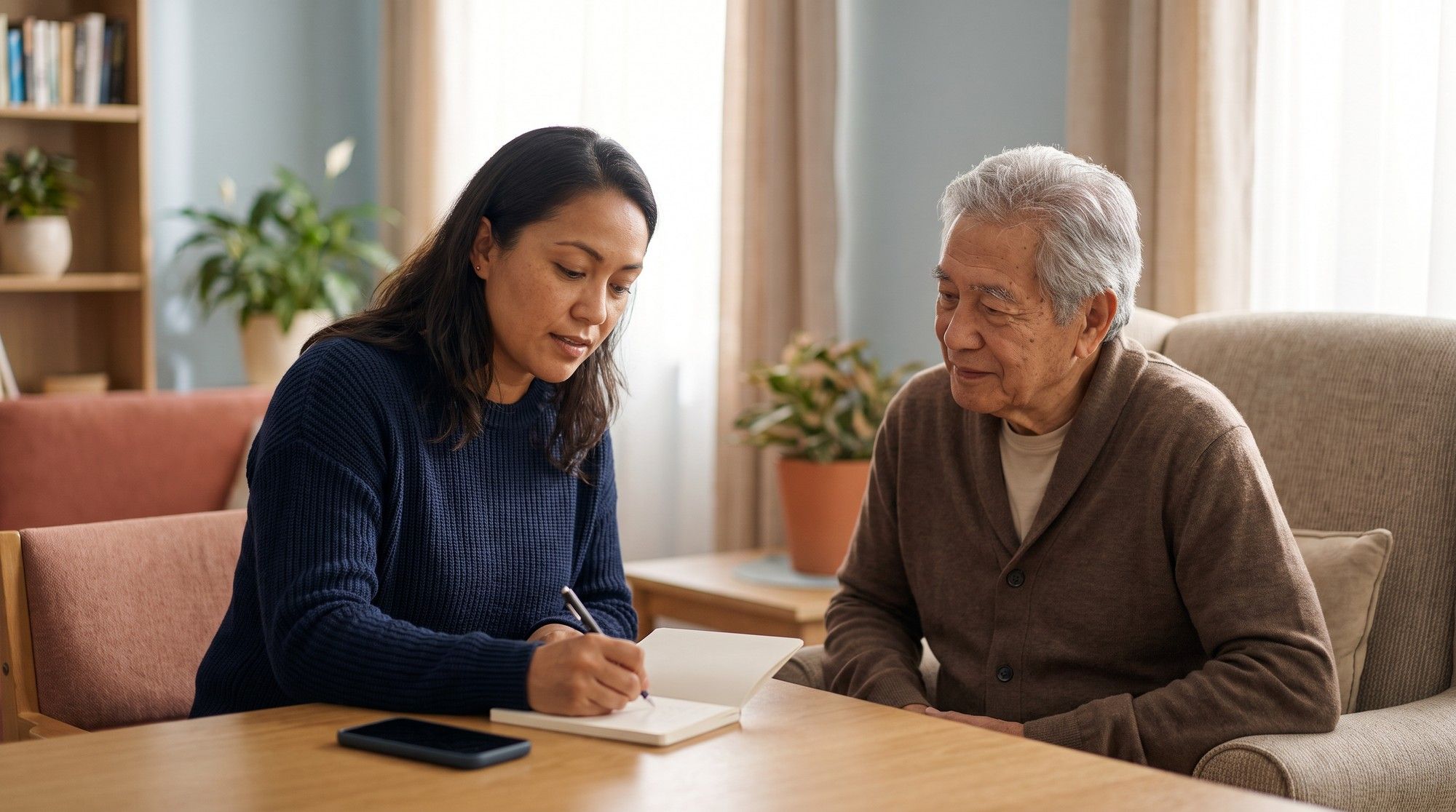 Family member keeping dated notes about a nursing home abuse concern during a visit. Illustration for California Nursing Home Physical Abuse Lawyers.