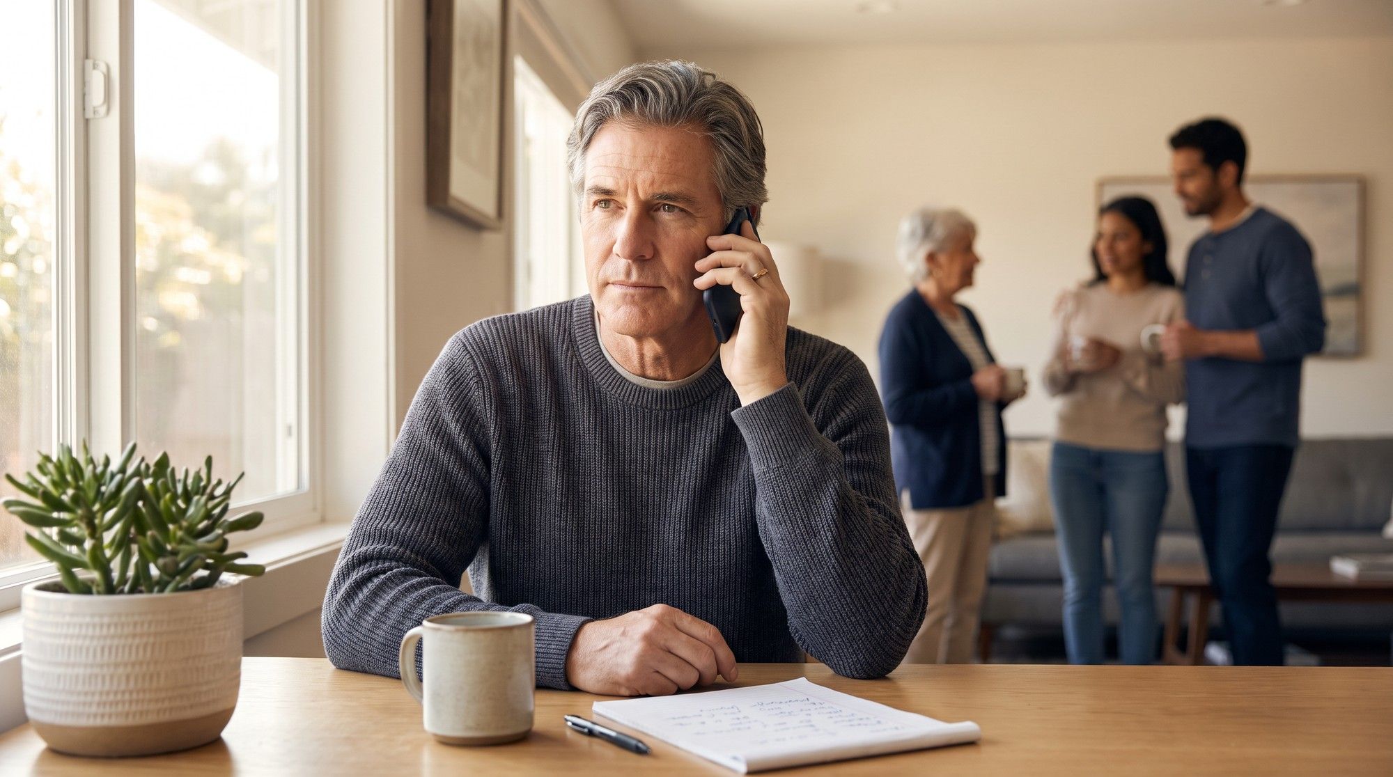 Family member on the phone reporting nursing home abuse to the ombudsman from his kitchen table. Illustration for California Nursing Home Sexual Abuse Lawyers.