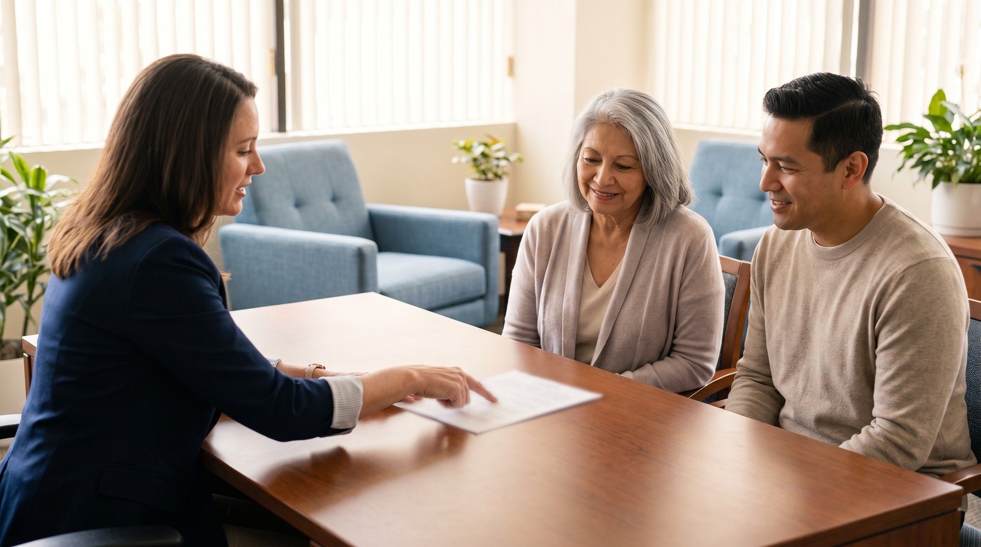 Attorney explaining how nursing home abuse settlements work to a family. Illustration for Nursing Home Abuse Settlement Value in California.