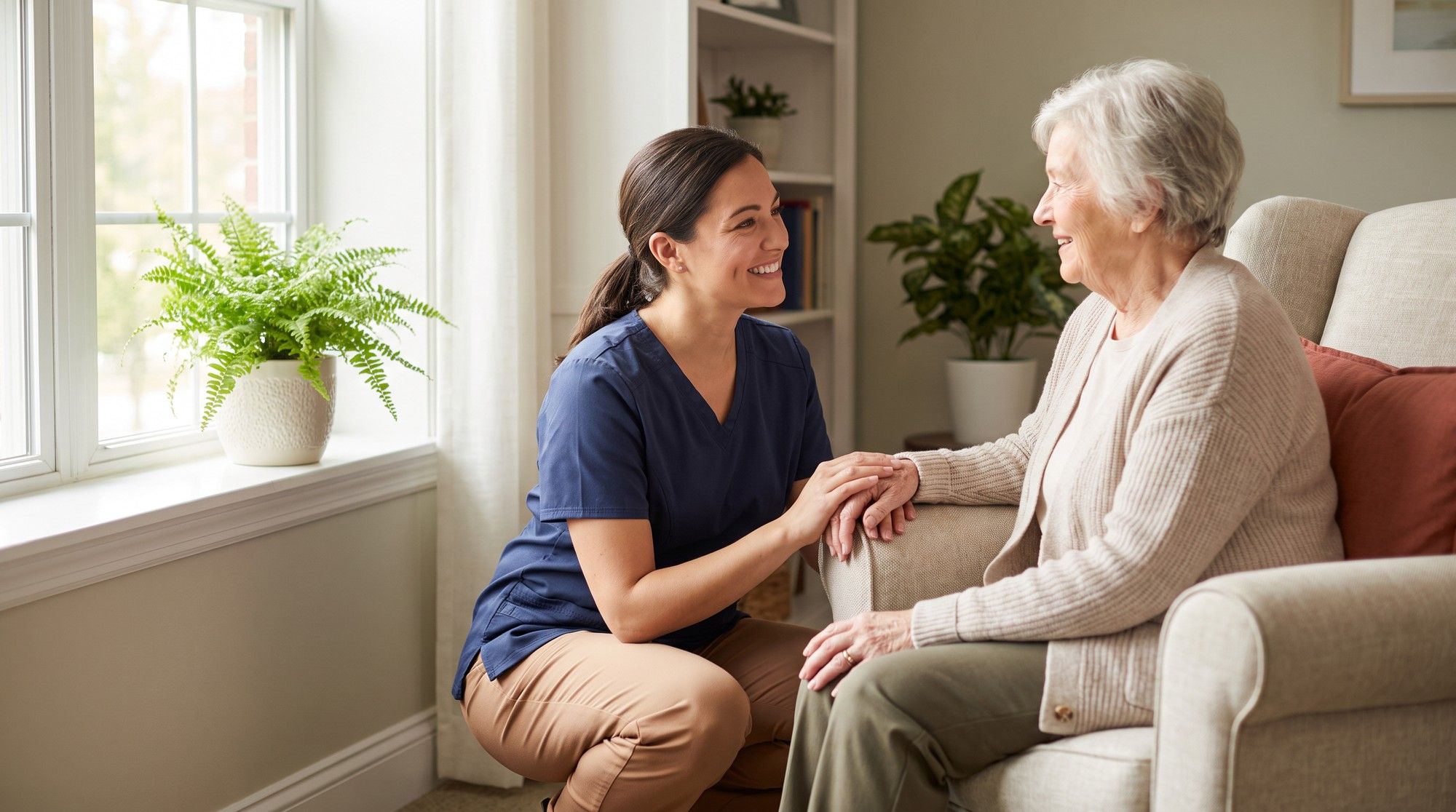 Nursing home aide responding promptly to a resident's call light, the attentive care neglect cases are about. Illustration for California Nursing Home Neglect Attorneys.