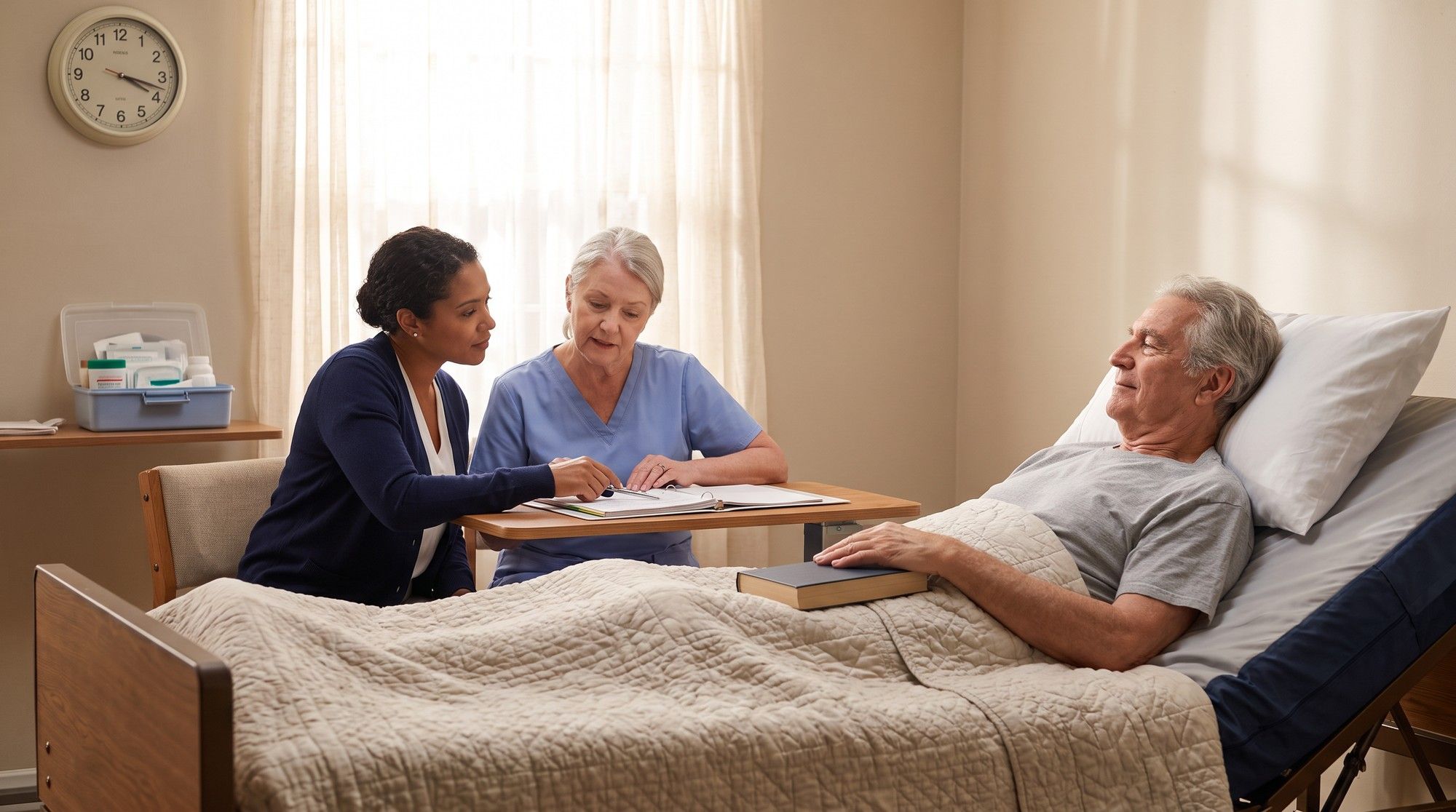 Daughter and nurse reviewing a nursing home care plan at the bedside of an elderly resident at risk of bedsores. Illustration for California Bedsore Lawyers.