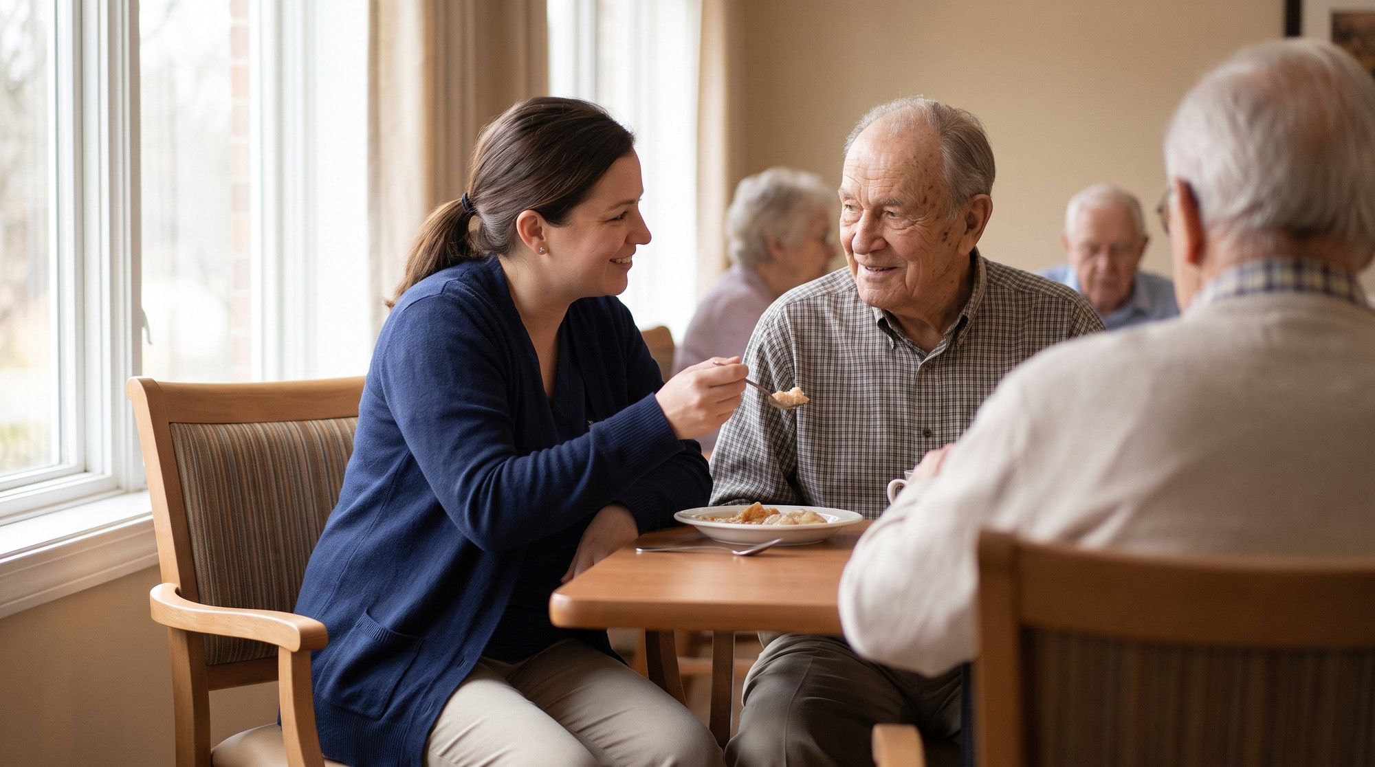 Aide assisting an elderly nursing home resident with a soft-texture meal to prevent choking. Illustration for California Nursing Home Choking and Aspiration Lawyers.