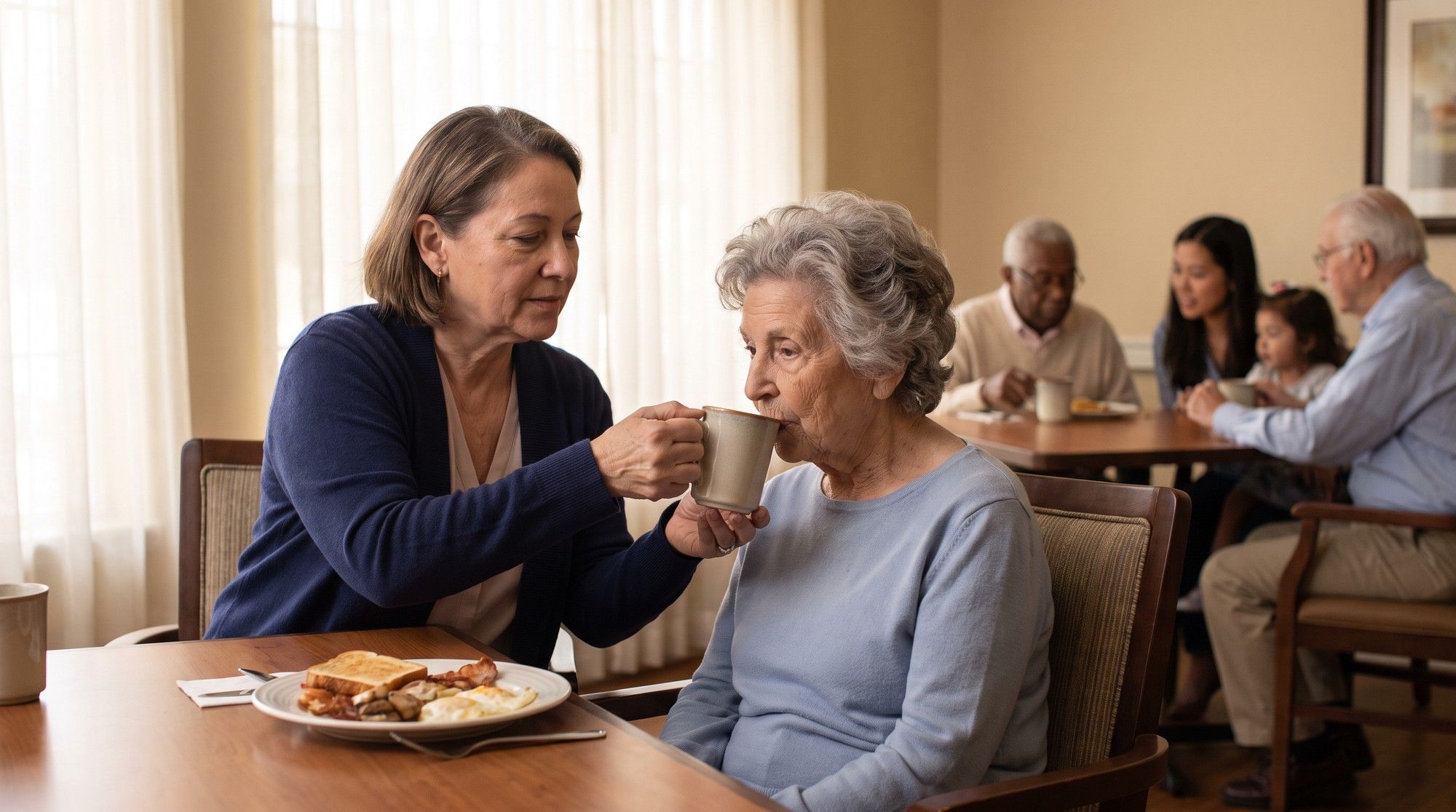 Daughter helping her elderly mother drink water in a nursing home dining room, concern about dehydration. Illustration on the Dehydration and Malnutrition page for Orange County, California.
