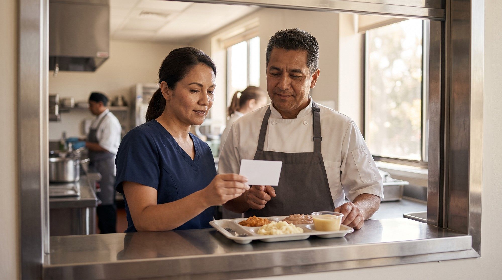 Nursing home staff checking a texture-modified meal against a resident's dietary order. Illustration for California Nursing Home Choking and Aspiration Lawyers.