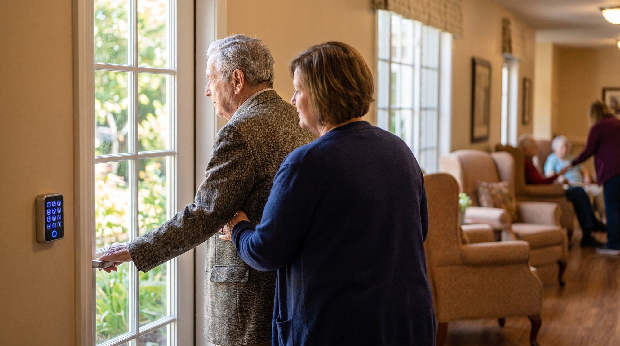 Elderly resident with dementia at a secured memory care exit door as a caregiver approaches. Illustration for California Nursing Home Elopement Lawyers.