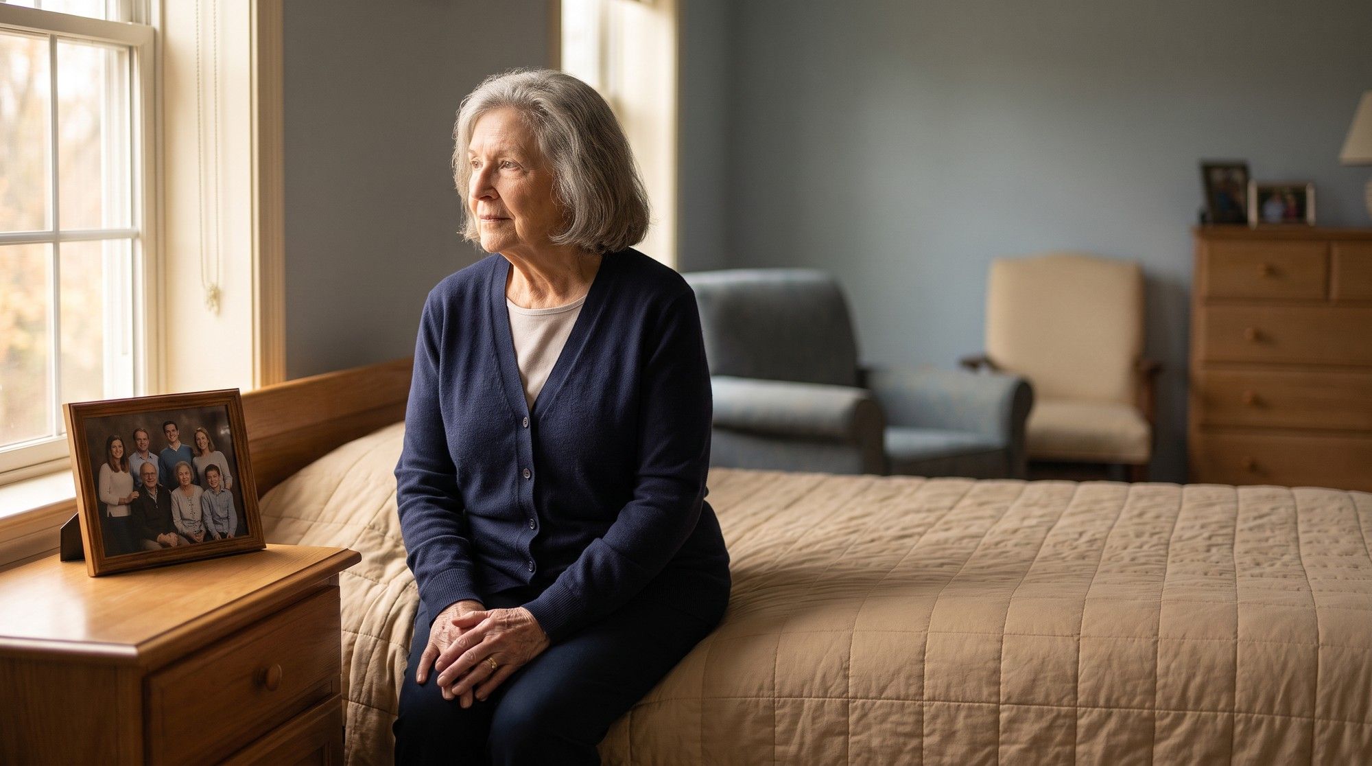 Withdrawn elderly nursing home resident sitting on her bed, a sign of emotional abuse. Illustration for California Nursing Home Emotional Abuse Lawyers.
