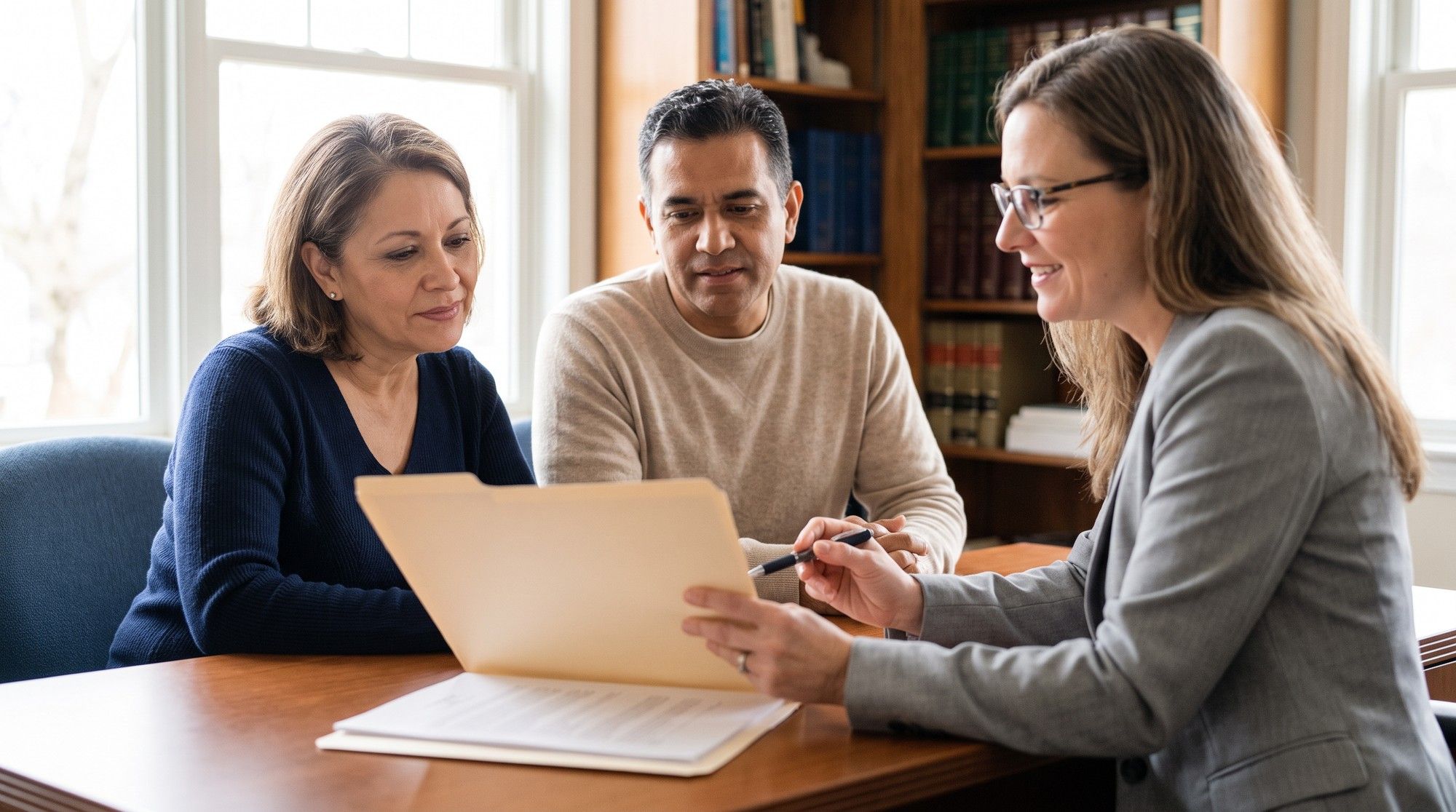 Family reviewing a nursing home fall incident report with an attorney. Illustration for California Nursing Home Fall Lawyers.