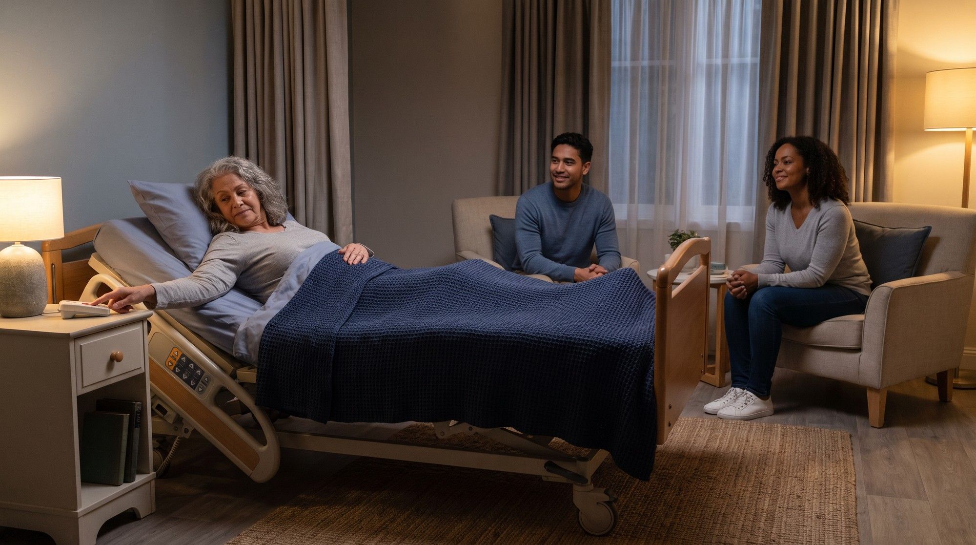 Lowered nursing home bed with floor mat and call button within reach, fall-prevention measures. Illustration for California Nursing Home Fall Lawyers.