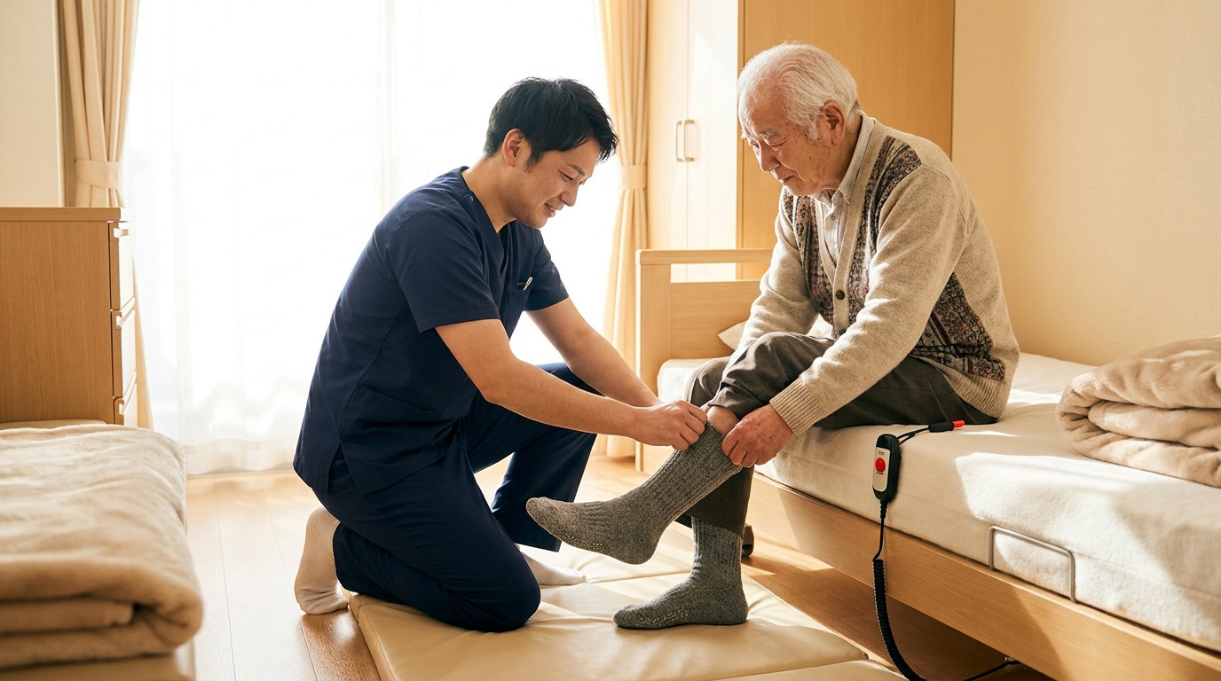 Nurse helping an elderly man put on non-slip socks beside a low nursing home bed with a fall mat and call light within reach. Illustration for How California Nursing Homes Must Prevent Falls (and What Families Should Ask).