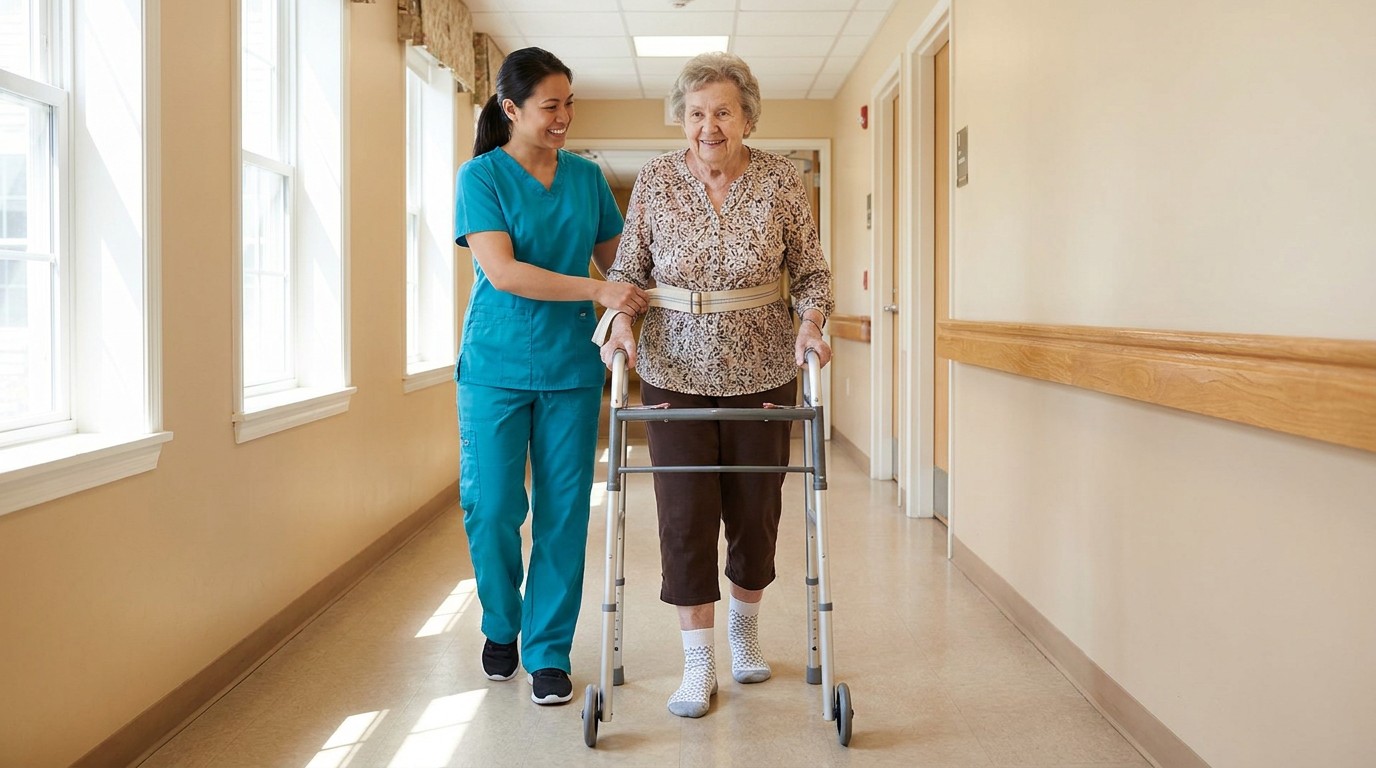 Nursing assistant walking beside an elderly woman using a walker and gait belt in a California nursing home hallway with a handrail. Illustration for How California Nursing Homes Must Prevent Falls (and What Families Should Ask).