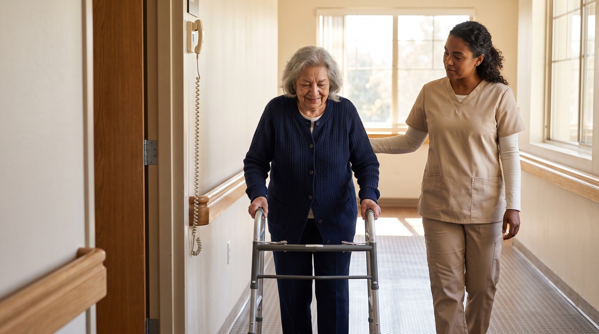 Elderly nursing home resident using a walker in a hallway with an aide close by to prevent a fall. Illustration on the Falls and Fractures page for San Joaquin County, California.