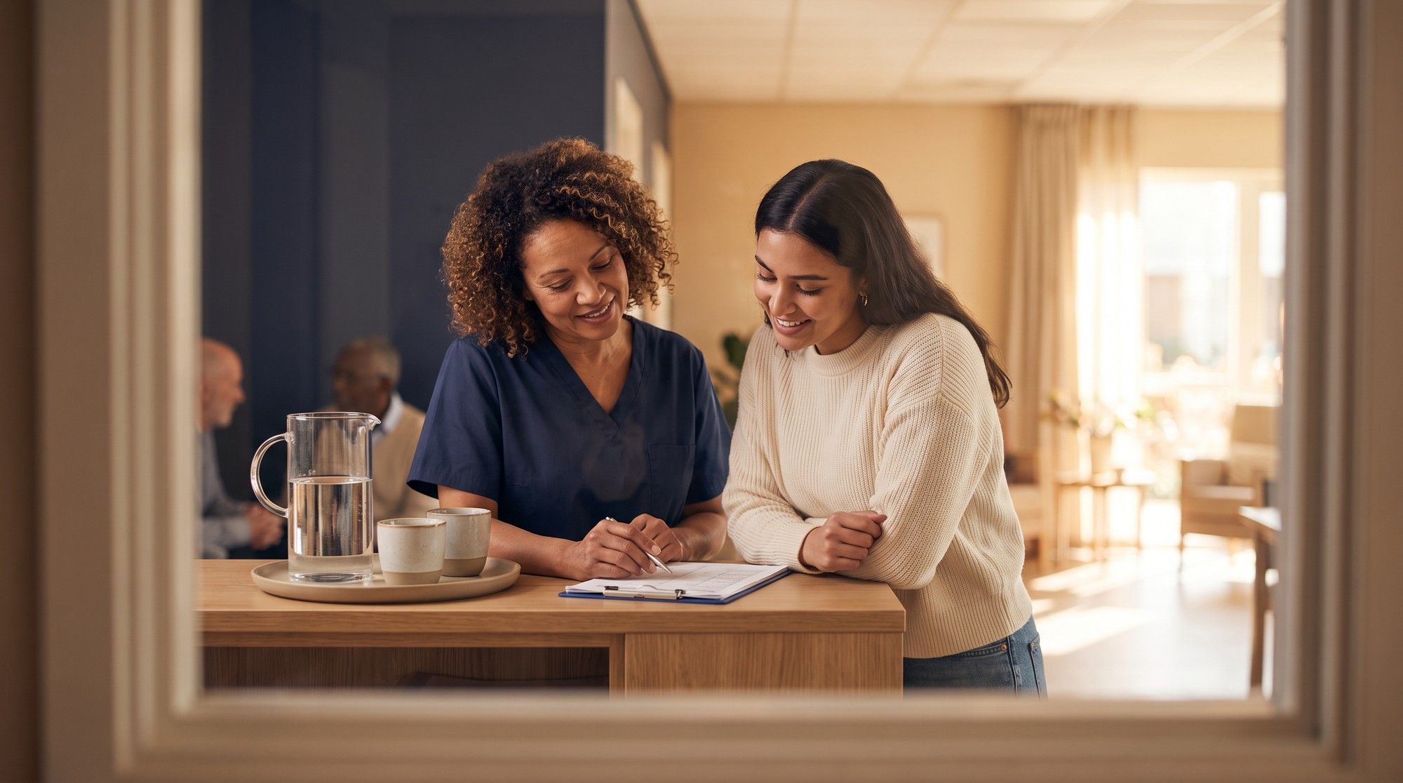 Dietitian and family member reviewing a nursing home fluid intake and meal log. Illustration for California Nursing Home Dehydration and Malnutrition Lawyers.