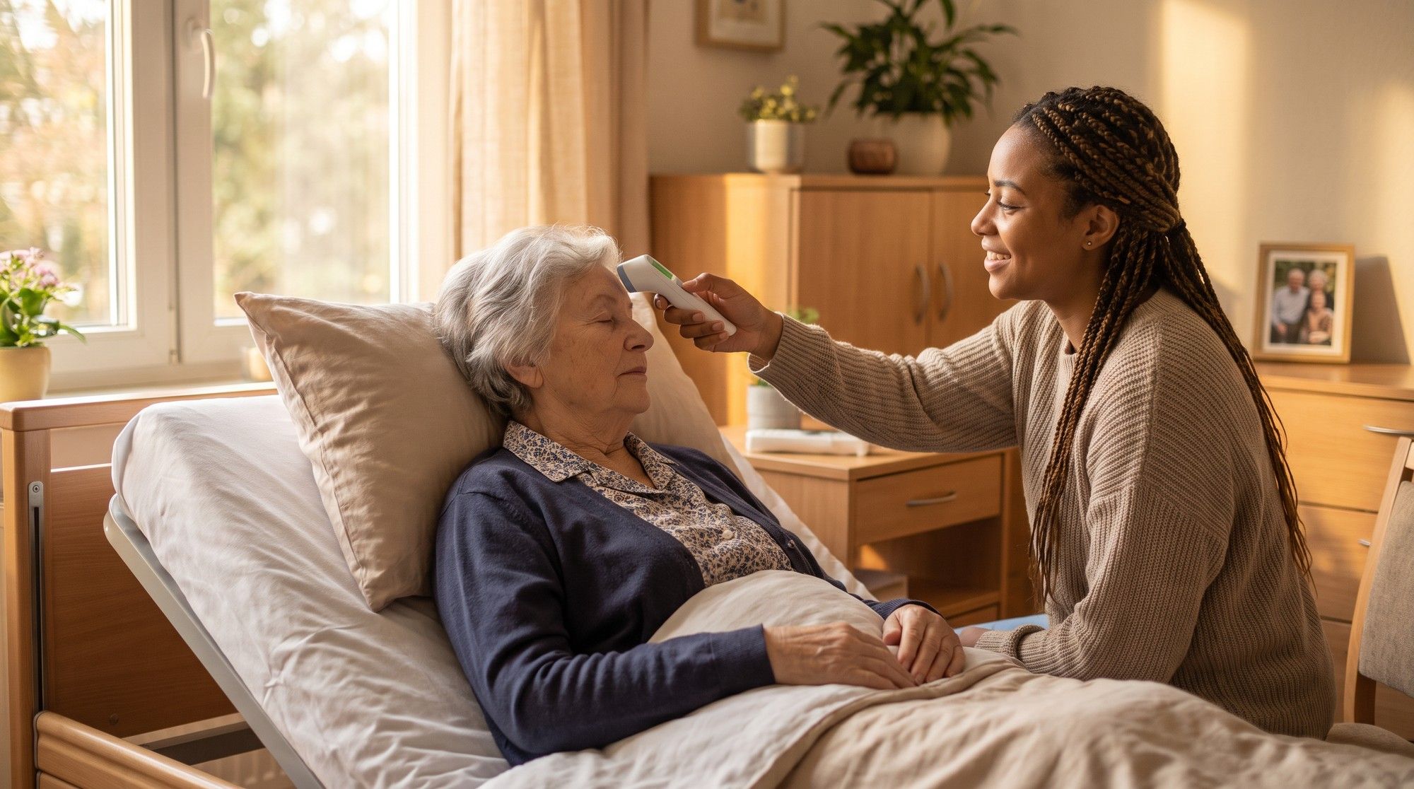 Caregiver checking an elderly nursing home resident's temperature for signs of infection. Illustration for California Nursing Home Sepsis Lawyers.